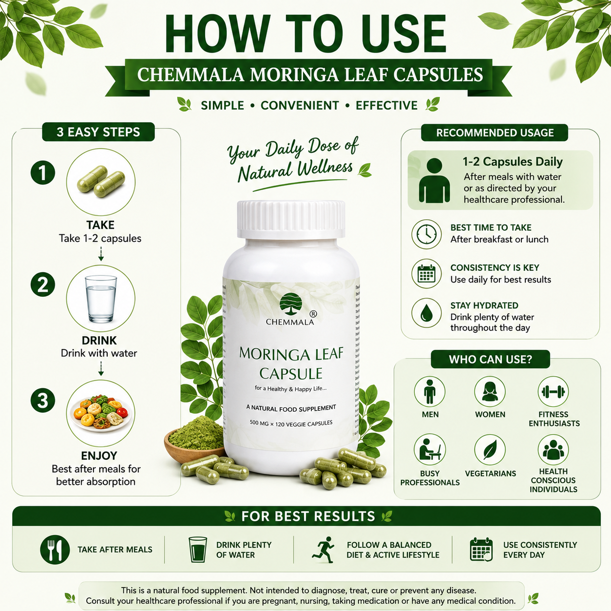 Chemmala Moringa Leaf Capsules 500mg | 60 Veg Capsules | 100% Pure Herbal Supplement