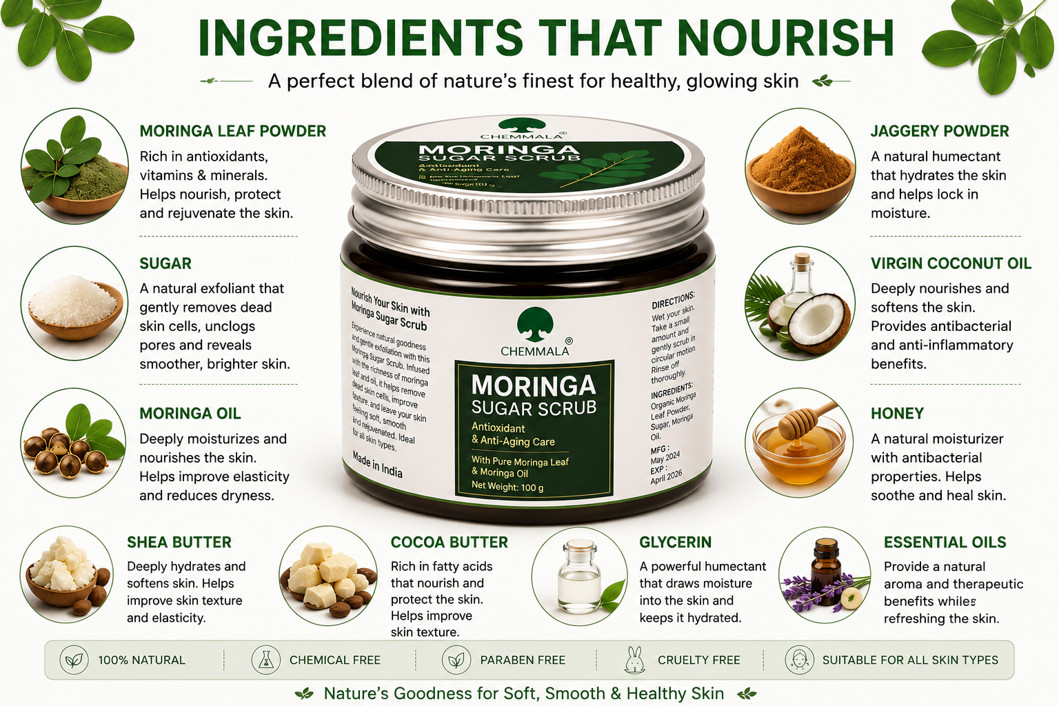 Chemmala Moringa Body Sugar Scrub