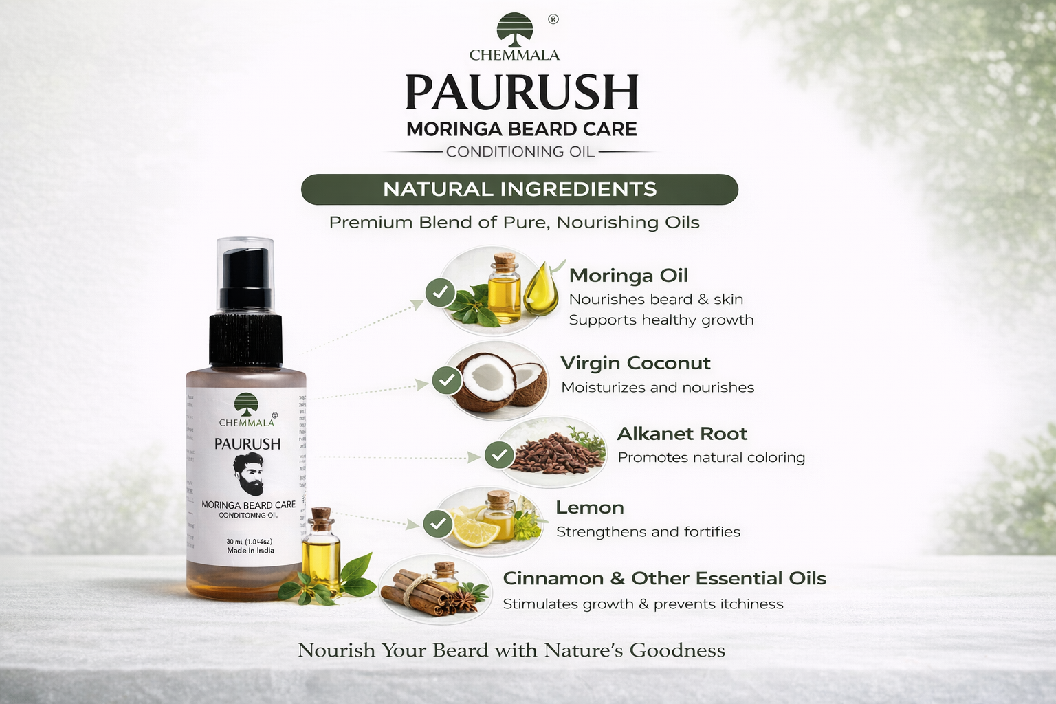 Beard oil ingredients image showing moringa, virgin coconut, alkanet root, lemon, and cinnamon essential oils for beard nourishment and growth