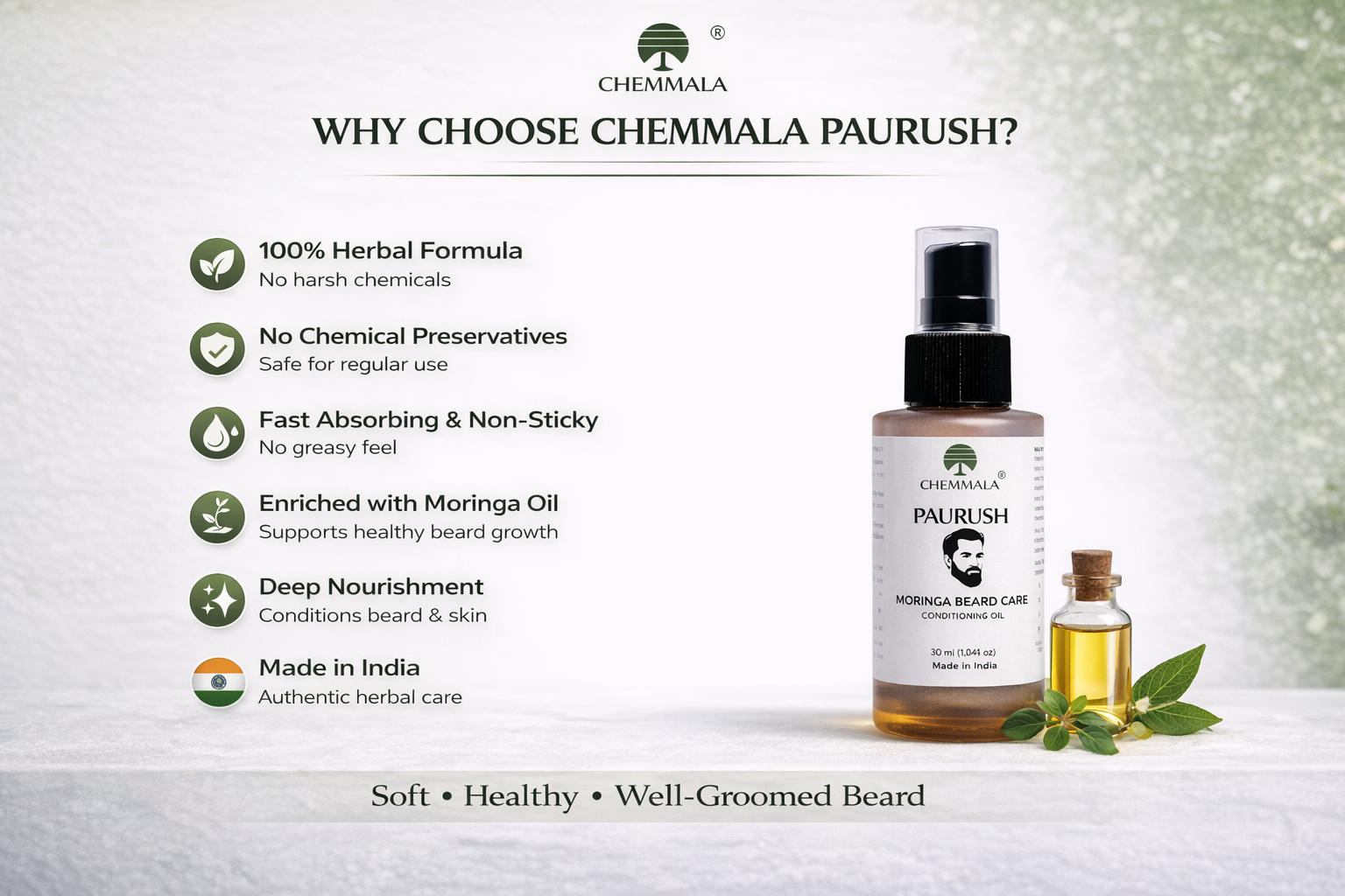 Why choose beard oil image highlighting herbal formula, no chemical preservatives, fast absorption, deep nourishment, moringa oil benefits and made in India quality