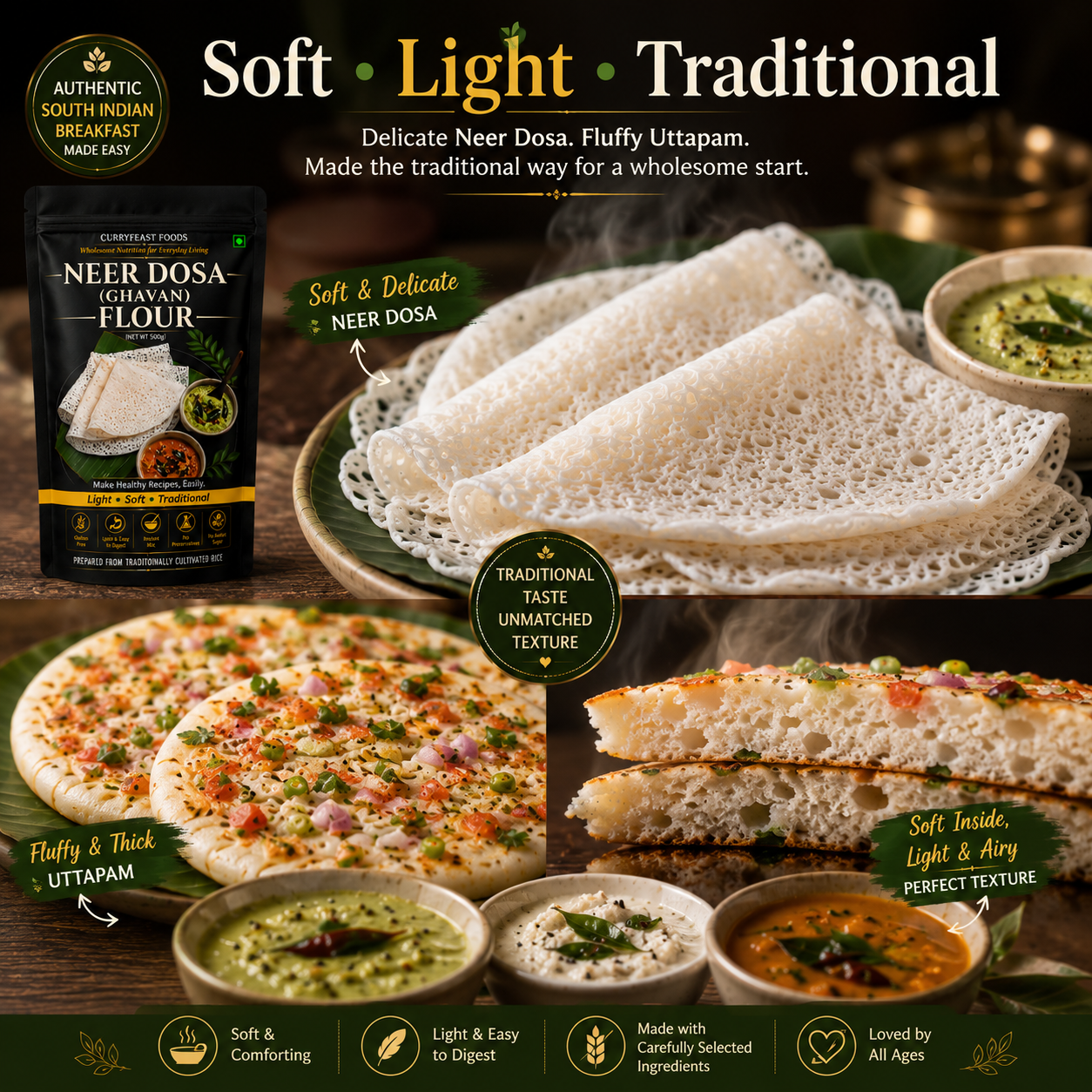 Curryfeast Indian Breakfast Combo | Neer Dosa (Ghavan) Flour + Uttapam (Amboli) Flour | Instant Traditional Breakfast Mix | Gluten Free | Light, Soft & Easy to Digest | No Preservatives
