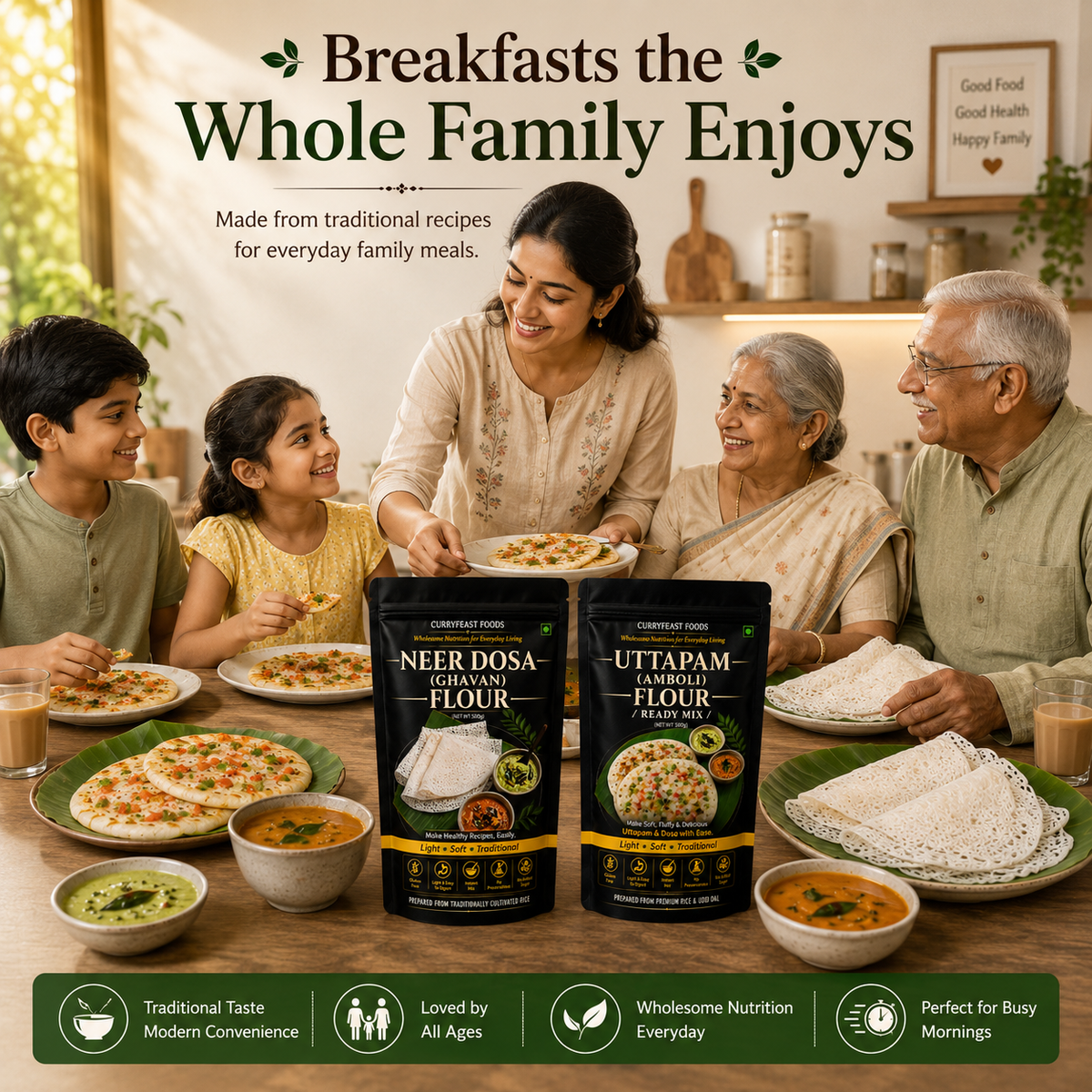 Curryfeast Indian Breakfast Combo | Neer Dosa (Ghavan) Flour + Uttapam (Amboli) Flour | Instant Traditional Breakfast Mix | Gluten Free | Light, Soft & Easy to Digest | No Preservatives