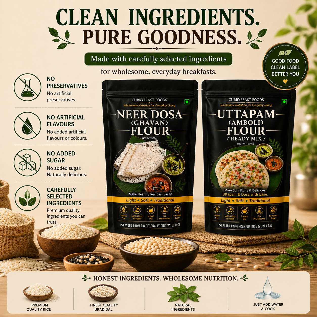 Curryfeast Indian Breakfast Combo | Neer Dosa (Ghavan) Flour + Uttapam (Amboli) Flour | Instant Traditional Breakfast Mix | Gluten Free | Light, Soft & Easy to Digest | No Preservatives