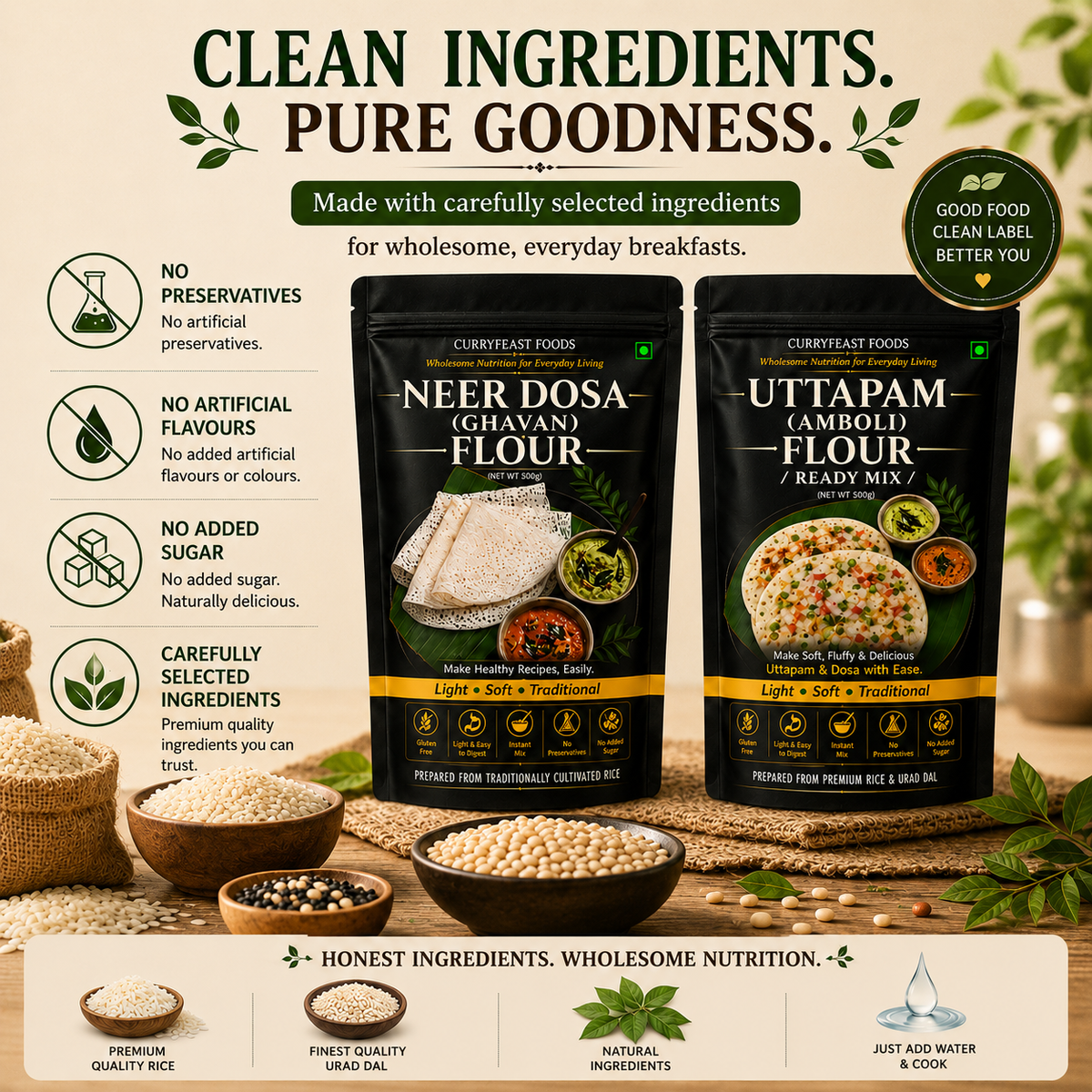 Curryfeast Indian Breakfast Combo | Neer Dosa (Ghavan) Flour + Uttapam (Amboli) Flour | Instant Traditional Breakfast Mix | Gluten Free | Light, Soft & Easy to Digest | No Preservatives