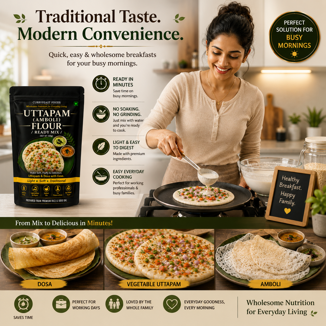 Curryfeast Indian Breakfast Combo | Neer Dosa (Ghavan) Flour + Uttapam (Amboli) Flour | Instant Traditional Breakfast Mix | Gluten Free | Light, Soft & Easy to Digest | No Preservatives