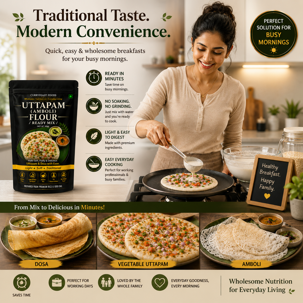 Curryfeast Indian Breakfast Combo | Neer Dosa (Ghavan) Flour + Uttapam (Amboli) Flour | Instant Traditional Breakfast Mix | Gluten Free | Light, Soft & Easy to Digest | No Preservatives