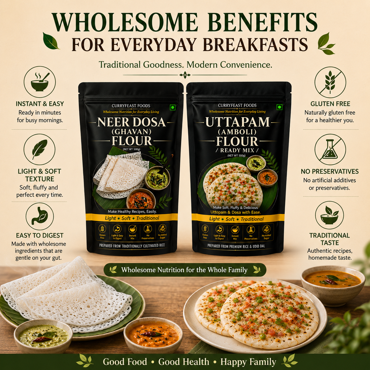 Curryfeast Indian Breakfast Combo | Neer Dosa (Ghavan) Flour + Uttapam (Amboli) Flour | Instant Traditional Breakfast Mix | Gluten Free | Light, Soft & Easy to Digest | No Preservatives