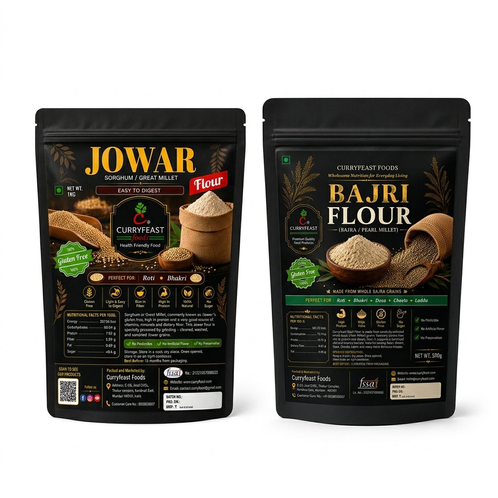 Curryfeast Daily Nutrition Gluten Free Roti-Bhakri Combo | Jowar Flour & Bajri Flour | Traditional Millet Flours for Soft Roti & Bhakri | 1kg Each