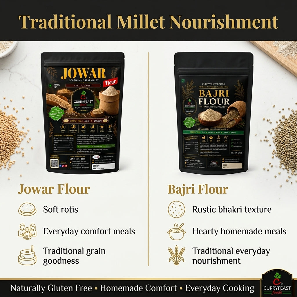 Curryfeast Daily Nutrition Gluten Free Roti-Bhakri Combo | Jowar Flour & Bajri Flour | Traditional Millet Flours for Soft Roti & Bhakri | 1kg Each