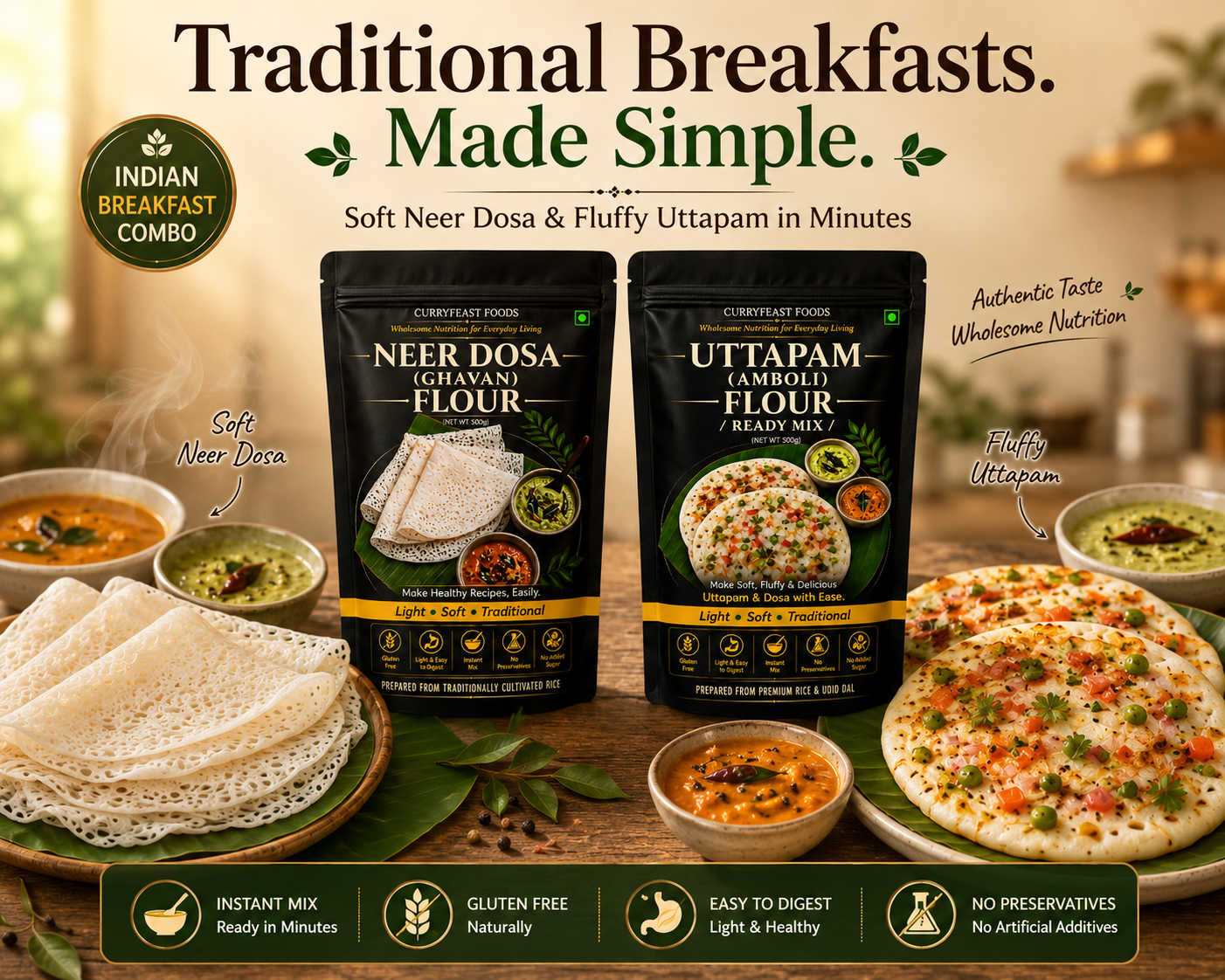 Curryfeast Indian Breakfast Combo | Neer Dosa (Ghavan) Flour + Uttapam (Amboli) Flour | Instant Traditional Breakfast Mix | Gluten Free | Light, Soft & Easy to Digest | No Preservatives
