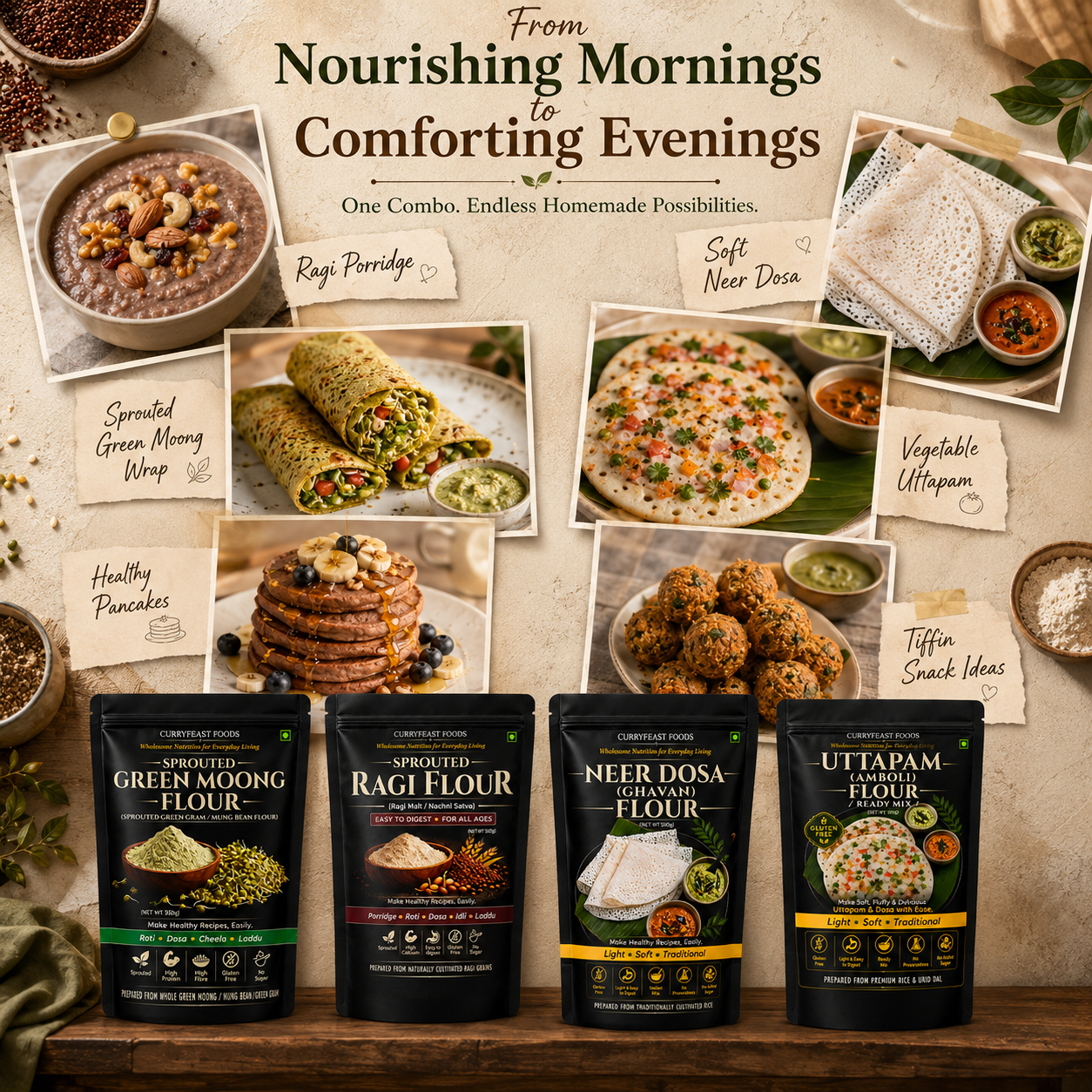 Curryfeast Wholesome Nutrition & Traditional Taste Combo | Sprouted Green Moong Flour, Sprouted Ragi Flour, Neer Dosa Flour & Uttapam Flour | Easy Everyday Meals | Gluten Free | Traditional Indian Ready Mix Combo