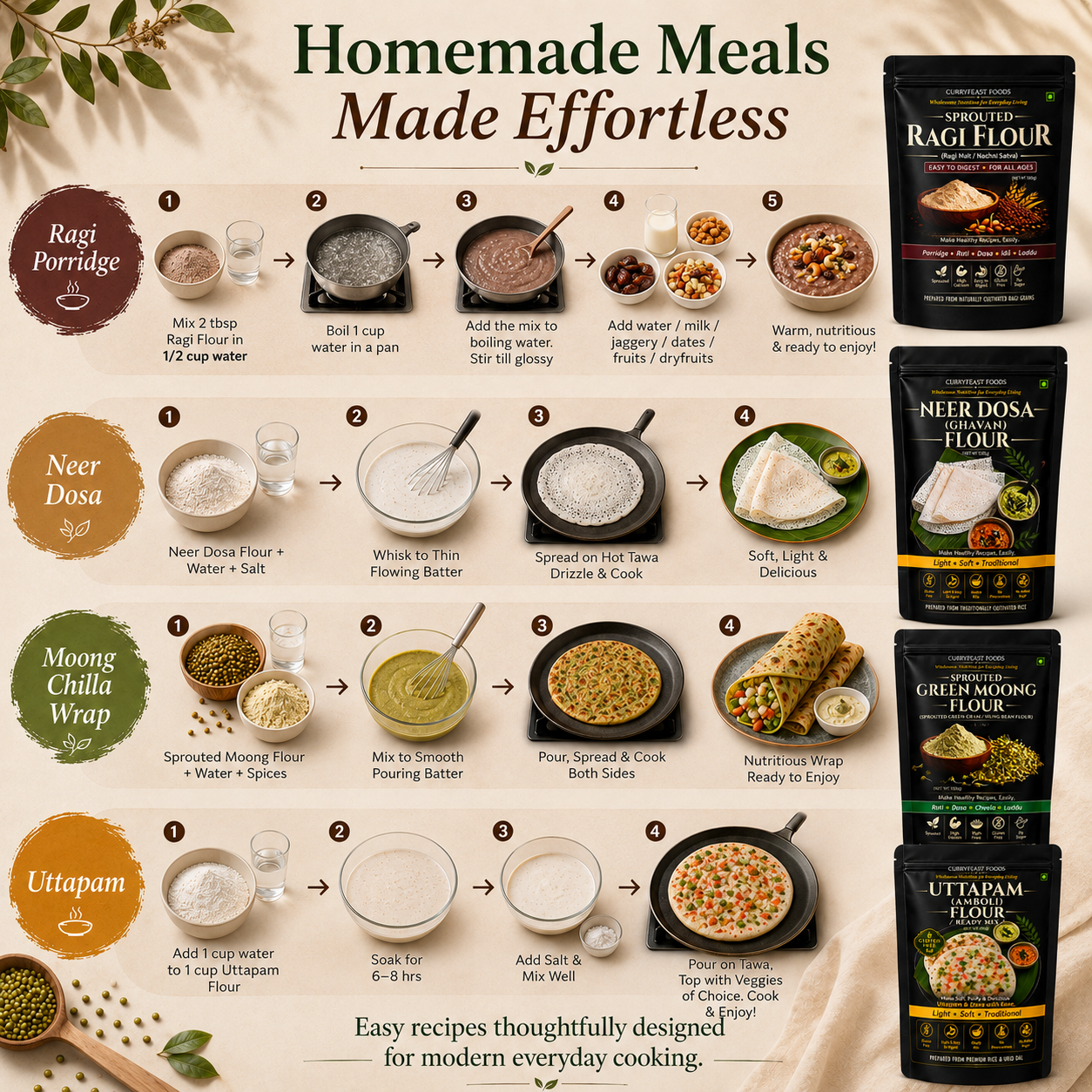 Curryfeast Wholesome Nutrition & Traditional Taste Combo | Sprouted Green Moong Flour, Sprouted Ragi Flour, Neer Dosa Flour & Uttapam Flour | Easy Everyday Meals | Gluten Free | Traditional Indian Ready Mix Combo