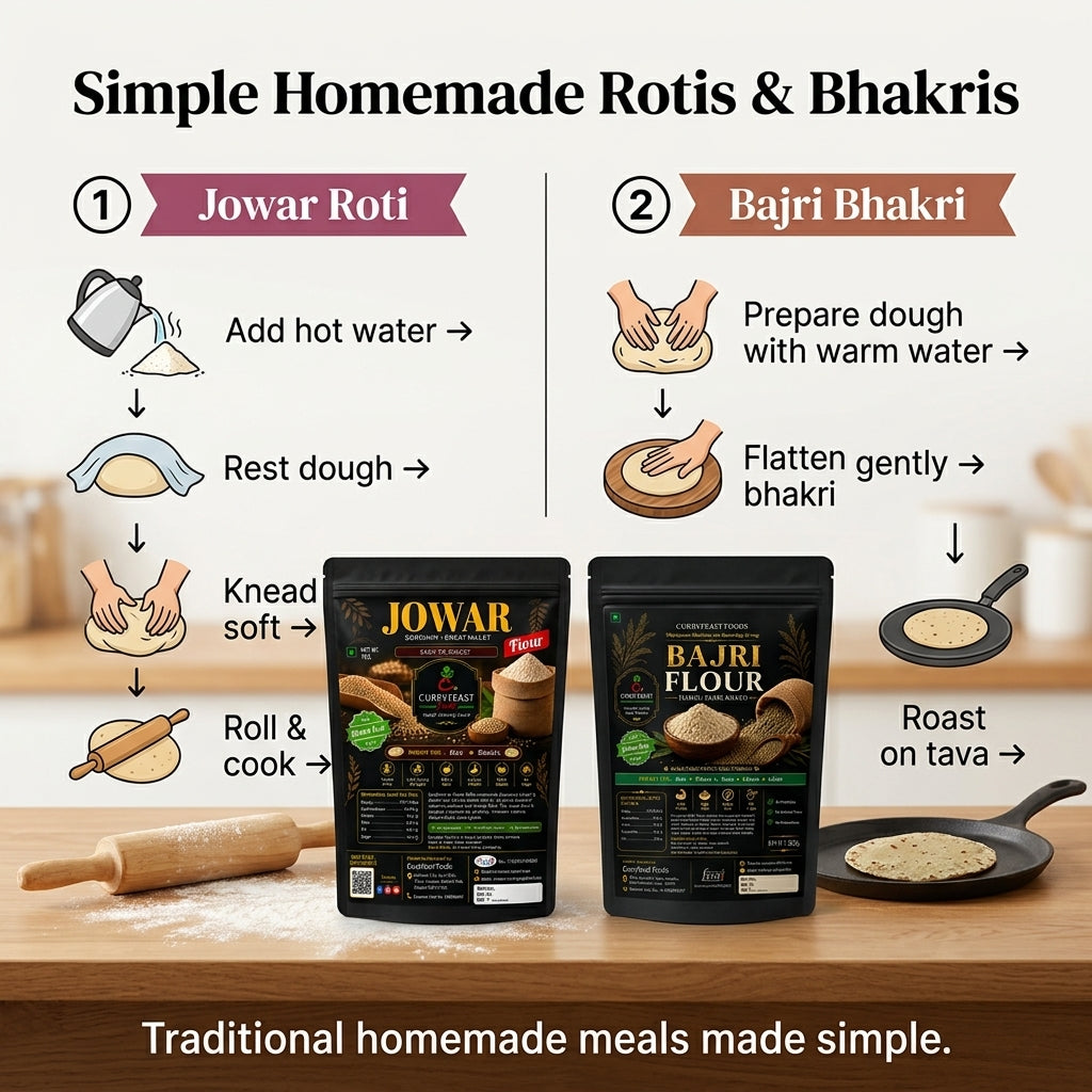 Curryfeast Daily Nutrition Gluten Free Roti-Bhakri Combo | Jowar Flour & Bajri Flour | Traditional Millet Flours for Soft Roti & Bhakri | 1kg Each