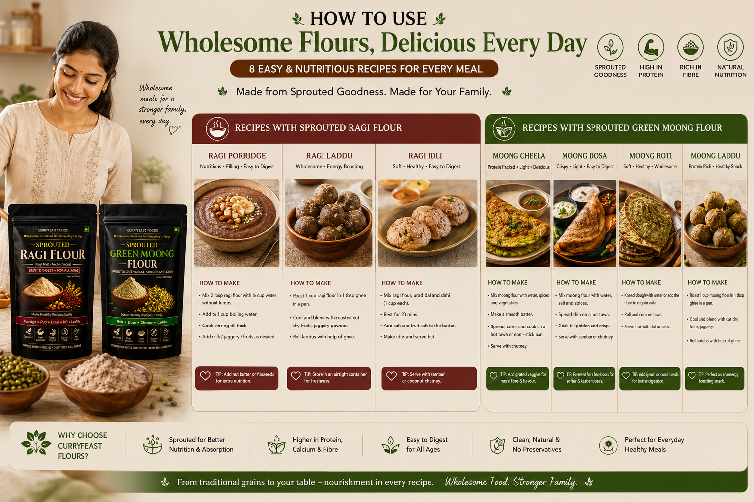 Curryfeast Sprouted Nutrition Combo | Sprouted Ragi Flour + Sprouted Green Moong Flour | Protein & Calcium Rich Flour Combo | Gluten Free | High Fiber & Natural Nutrition