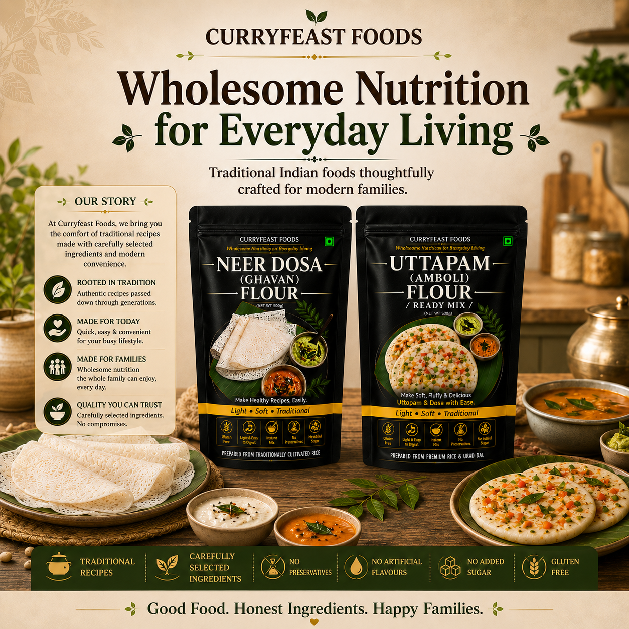 Curryfeast Indian Breakfast Combo | Neer Dosa (Ghavan) Flour + Uttapam (Amboli) Flour | Instant Traditional Breakfast Mix | Gluten Free | Light, Soft & Easy to Digest | No Preservatives