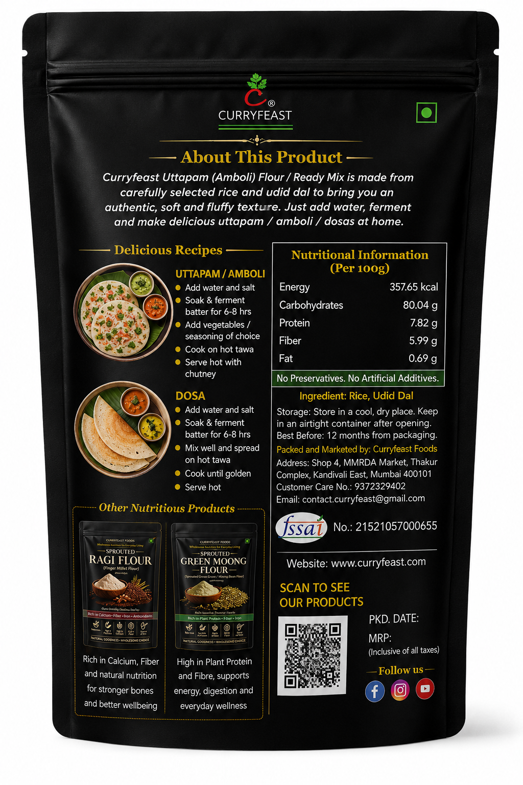 Curryfeast Uttapam (Amboli) Flour Ready Mix | Gluten Free Rice & Udid Dal Mix | Make Soft Fluffy Uttapam, Amboli & Dosa | Easy to Digest Traditional Breakfast Mix | 500g