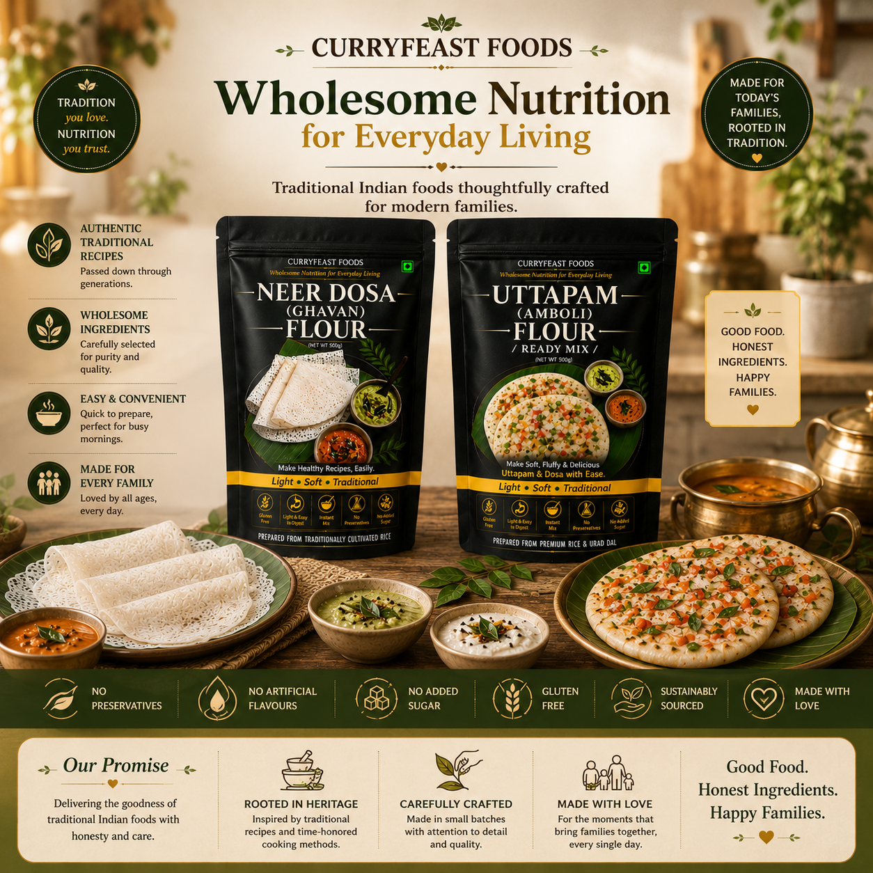 Curryfeast Indian Breakfast Combo | Neer Dosa (Ghavan) Flour + Uttapam (Amboli) Flour | Instant Traditional Breakfast Mix | Gluten Free | Light, Soft & Easy to Digest | No Preservatives