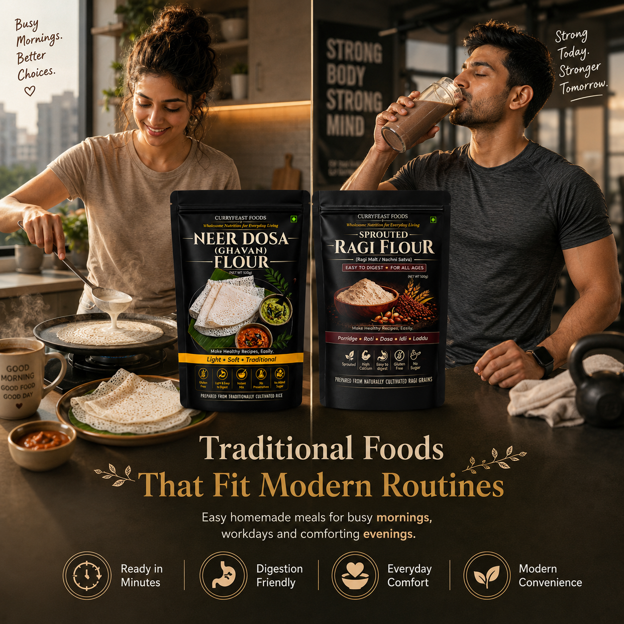 Curryfeast Wholesome Nutrition & Traditional Taste Combo | Sprouted Green Moong Flour, Sprouted Ragi Flour, Neer Dosa Flour & Uttapam Flour | Easy Everyday Meals | Gluten Free | Traditional Indian Ready Mix Combo