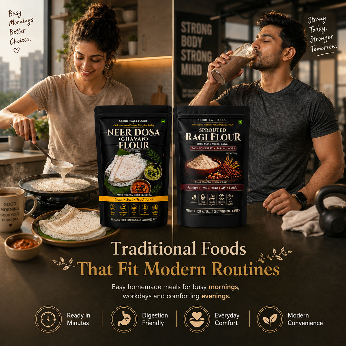Curryfeast Wholesome Nutrition & Traditional Taste Combo | Sprouted Green Moong Flour, Sprouted Ragi Flour, Neer Dosa Flour & Uttapam Flour | Easy Everyday Meals | Gluten Free | Traditional Indian Ready Mix Combo