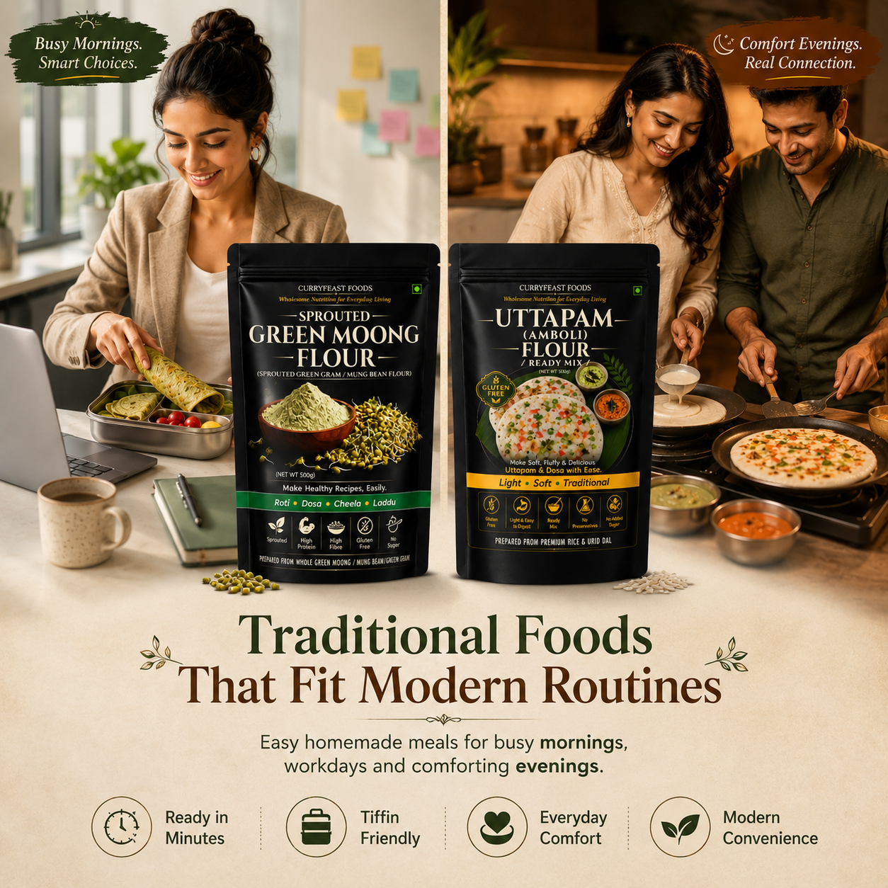 Curryfeast Wholesome Nutrition & Traditional Taste Combo | Sprouted Green Moong Flour, Sprouted Ragi Flour, Neer Dosa Flour & Uttapam Flour | Easy Everyday Meals | Gluten Free | Traditional Indian Ready Mix Combo