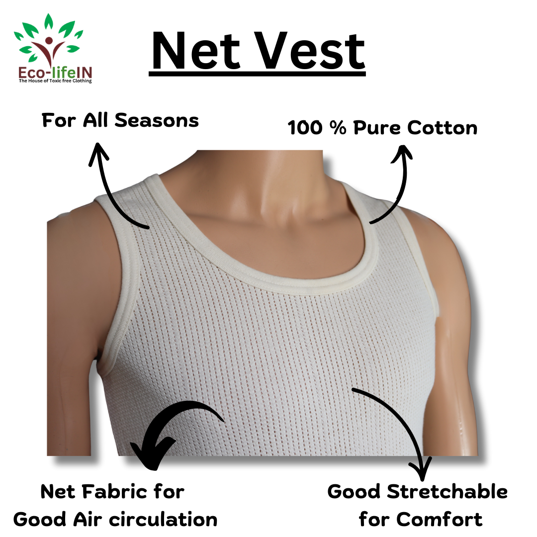 Eco-Life Men's Toxic free pure Cotton Net Vest-Pack of 3 Pieces