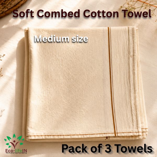 Eco life Undyed and Unbleached Soft Pure Cotton Bath Towel Medium- Pack of 3