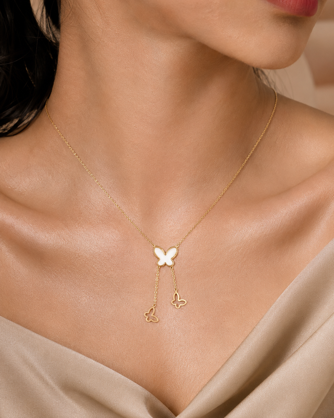 BeYoou.Bling Anti-Tarnish Waterproof Stainless Steel Elegant Mother of Pearl Butterfly Pendant Necklace for Women