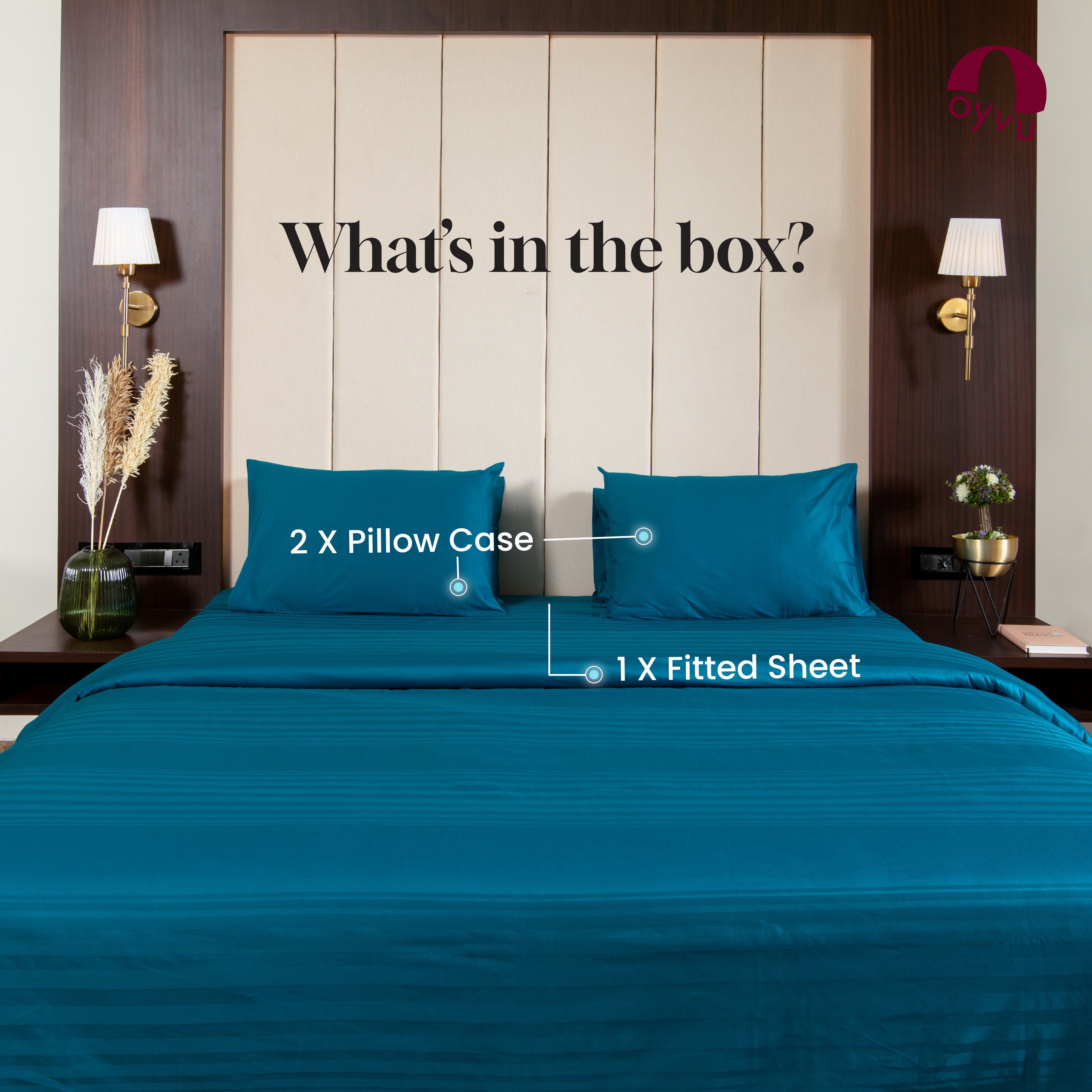 Teal Blue, 300TC, Horizontal Stripes Bedsheet Set