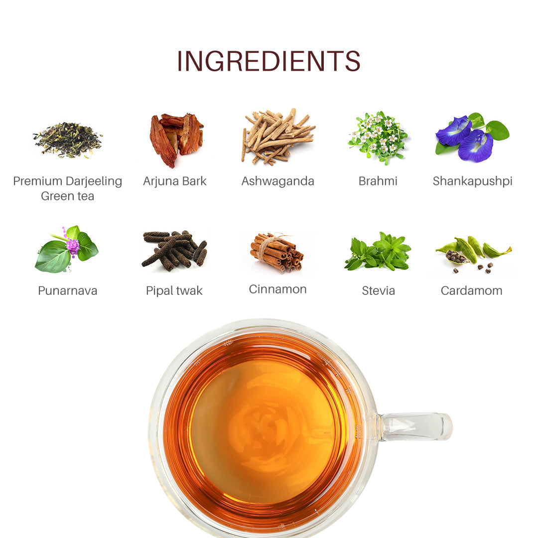 TEAVINE Happy Heart Green Tea with Herbs | Loose leaf Green Tea with Arjuna Bark & Herbs | 60g with Stainless Steel Infuser