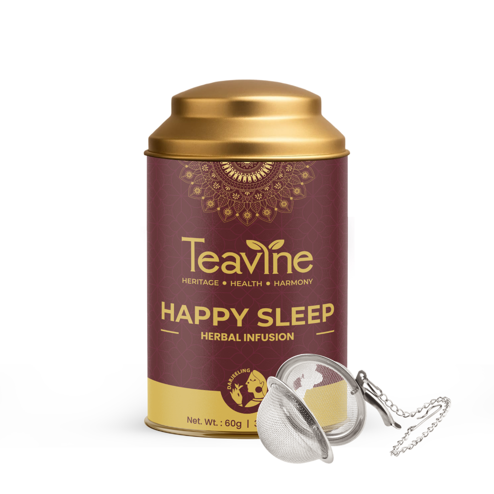 TEAVINE Happy Sleep Herbal Infusion | Chamomile, Krishna Tulsi, Lavender & other herbs | 60g with Stainless steel infuser