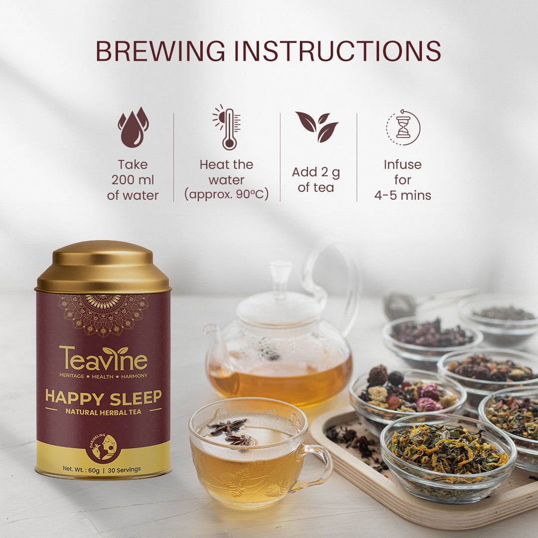 TEAVINE Happy Sleep Herbal Infusion | Chamomile, Krishna Tulsi, Lavender & other herbs | 60g with Stainless steel infuser