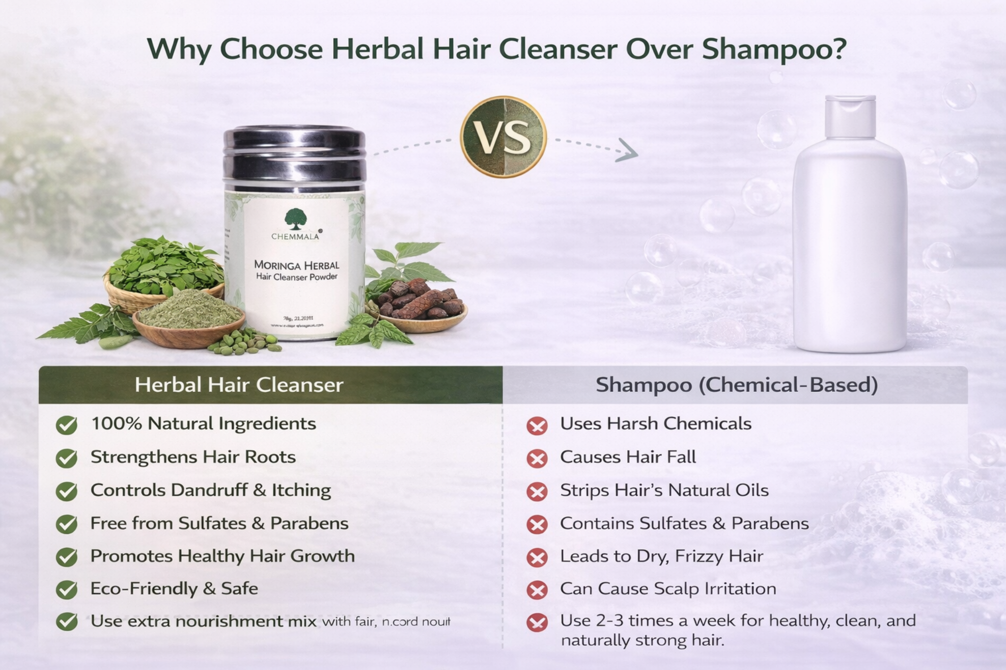Chemmala Herbal Hair Cleanser Powder – Natural Shampoo Alternative for Strong, Healthy & Shiny Hair (Chemical-Free Ayurvedic Blend)