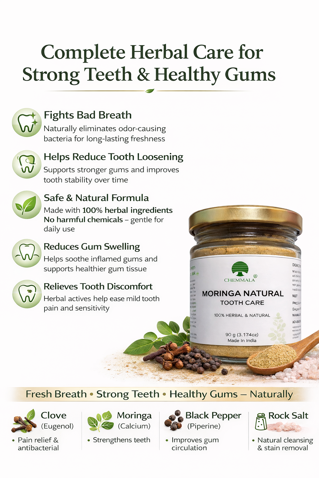 Chemmala Moringa Herbal Tooth Powder – Natural Oral Care for Strong Teeth, Healthy Gums & Fresh Breath (100% Herbal, Ayurvedic Formula)