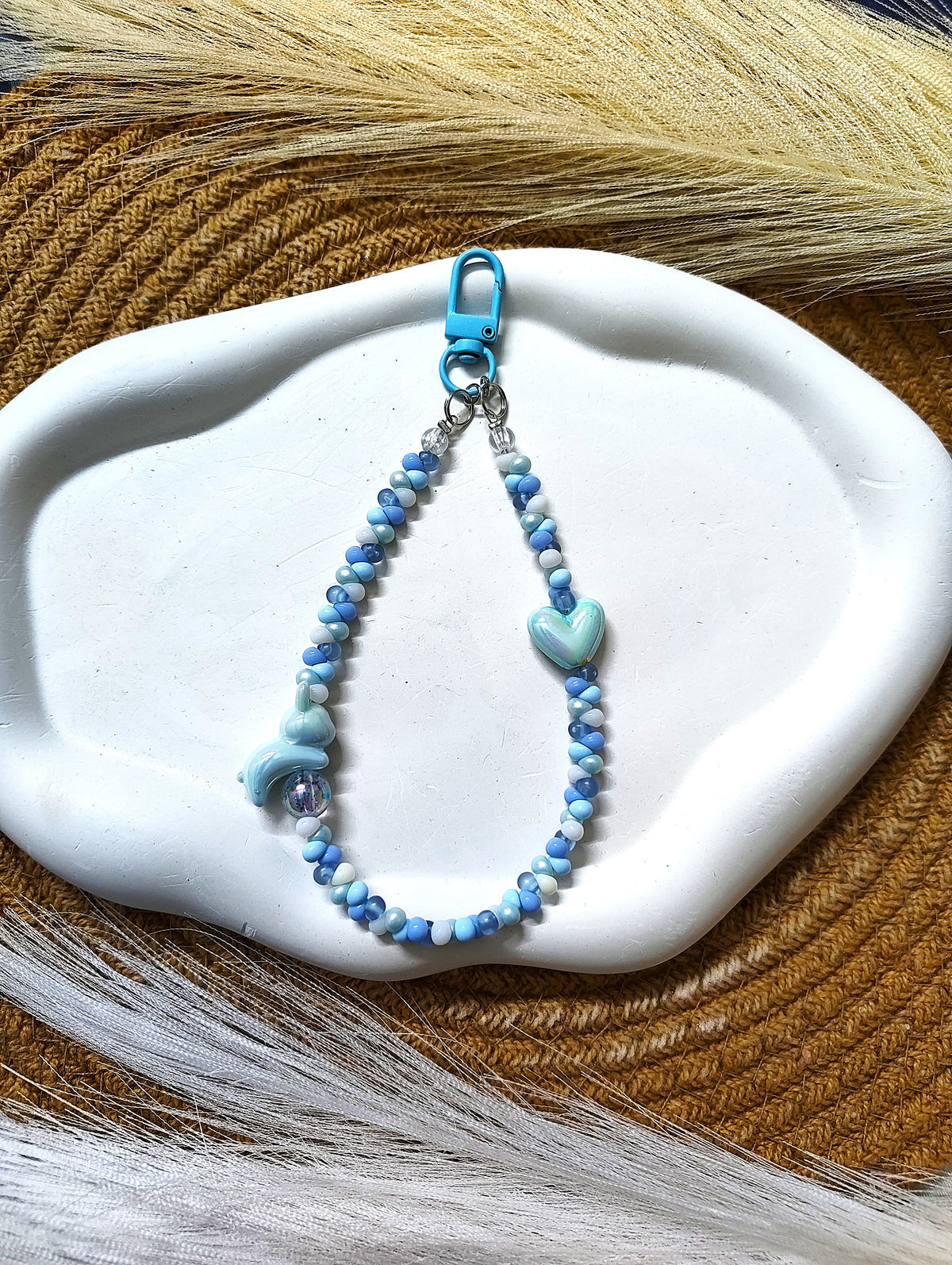 BeYoou.Bling Handcrafted **Blue Heart & Bunny Beaded Wristlet Keychain, Phone Tag, Safety Tag