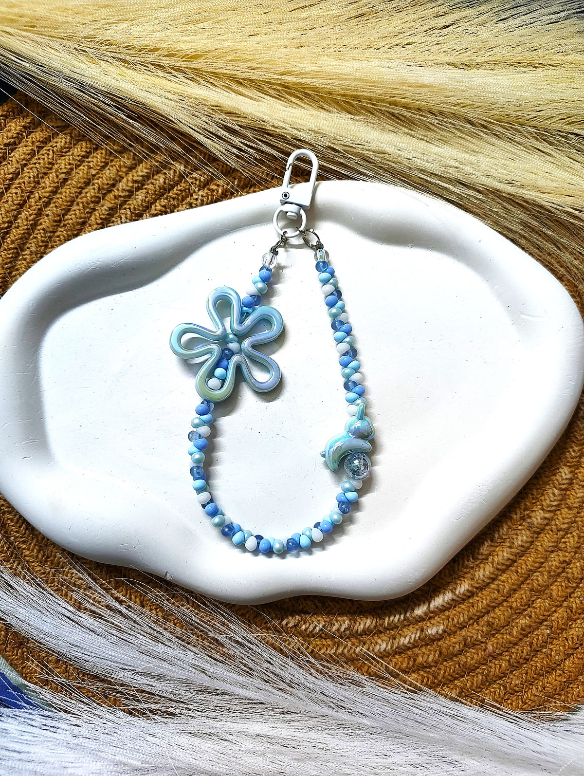 BeYoou.Bling Handcrafted **Blue Flower & Bunny Beaded Wristlet Keychain, Phone Tag, Safety Tag