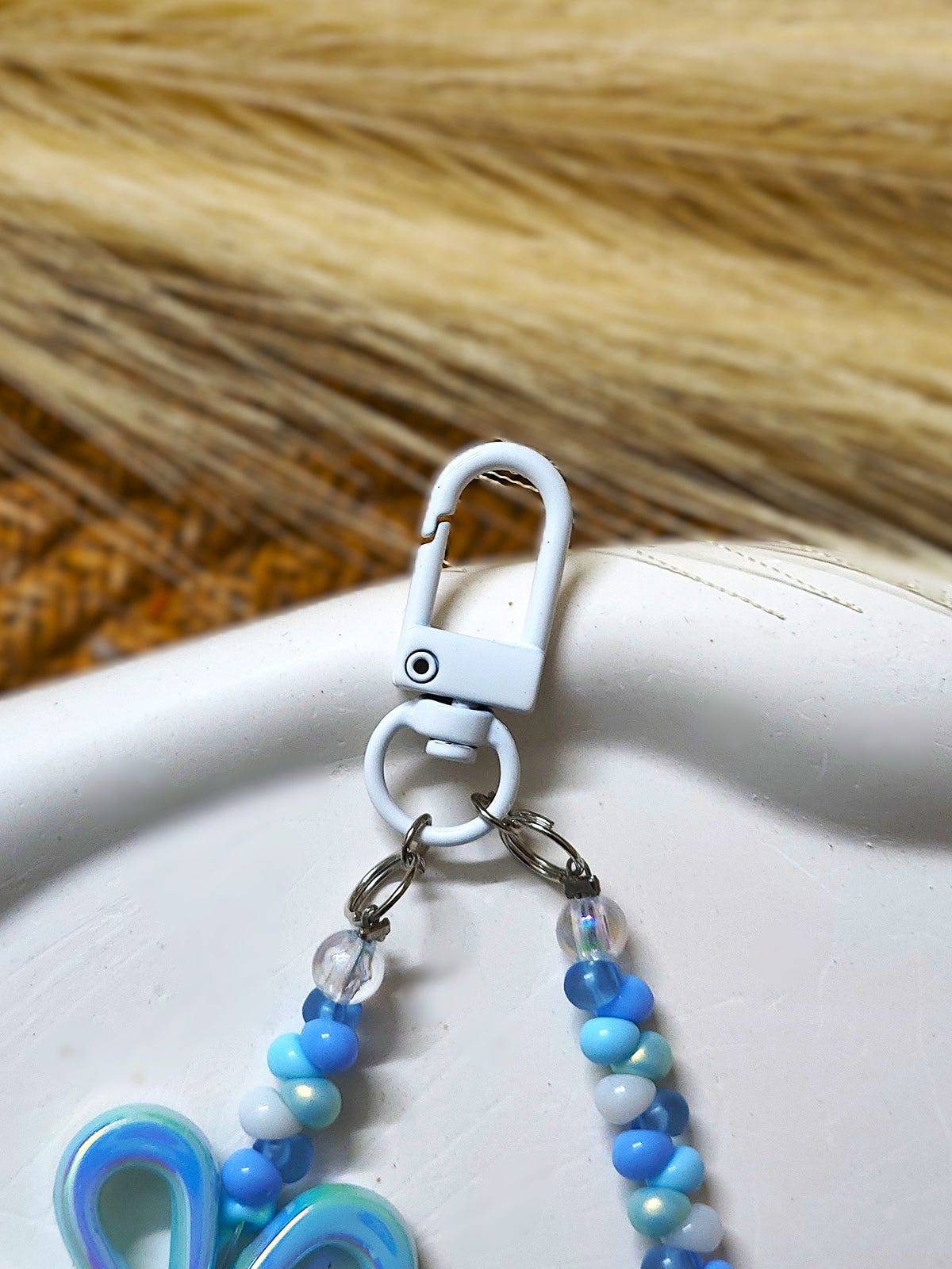 BeYoou.Bling Handcrafted **Blue Flower & Bunny Beaded Wristlet Keychain, Phone Tag, Safety Tag