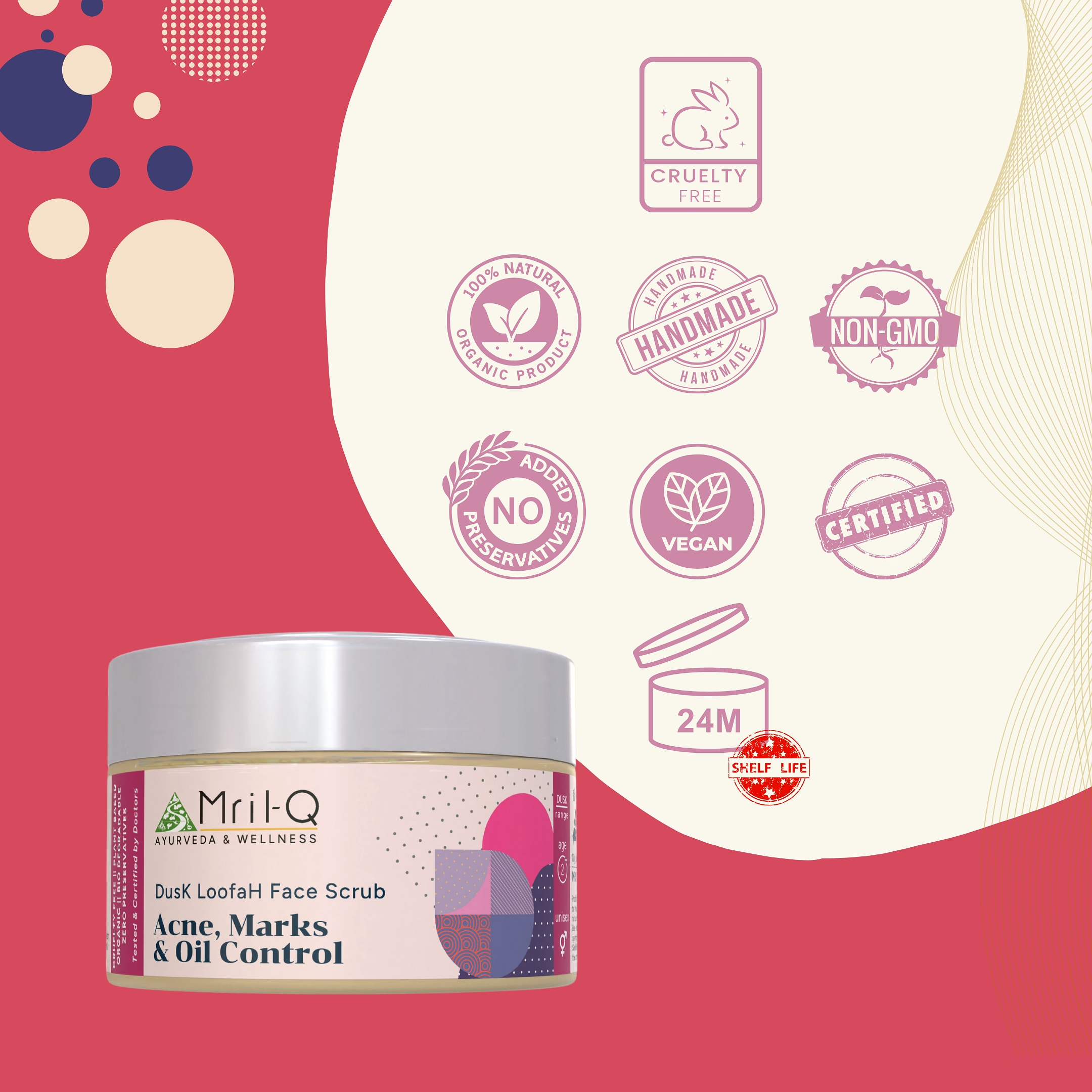 MrilQ Dusk Face Loofah | Exfoliator & Scrub | Acne, Pimple, Scars, Marks & Oil Control | Sensitive, Oily, Combination skin