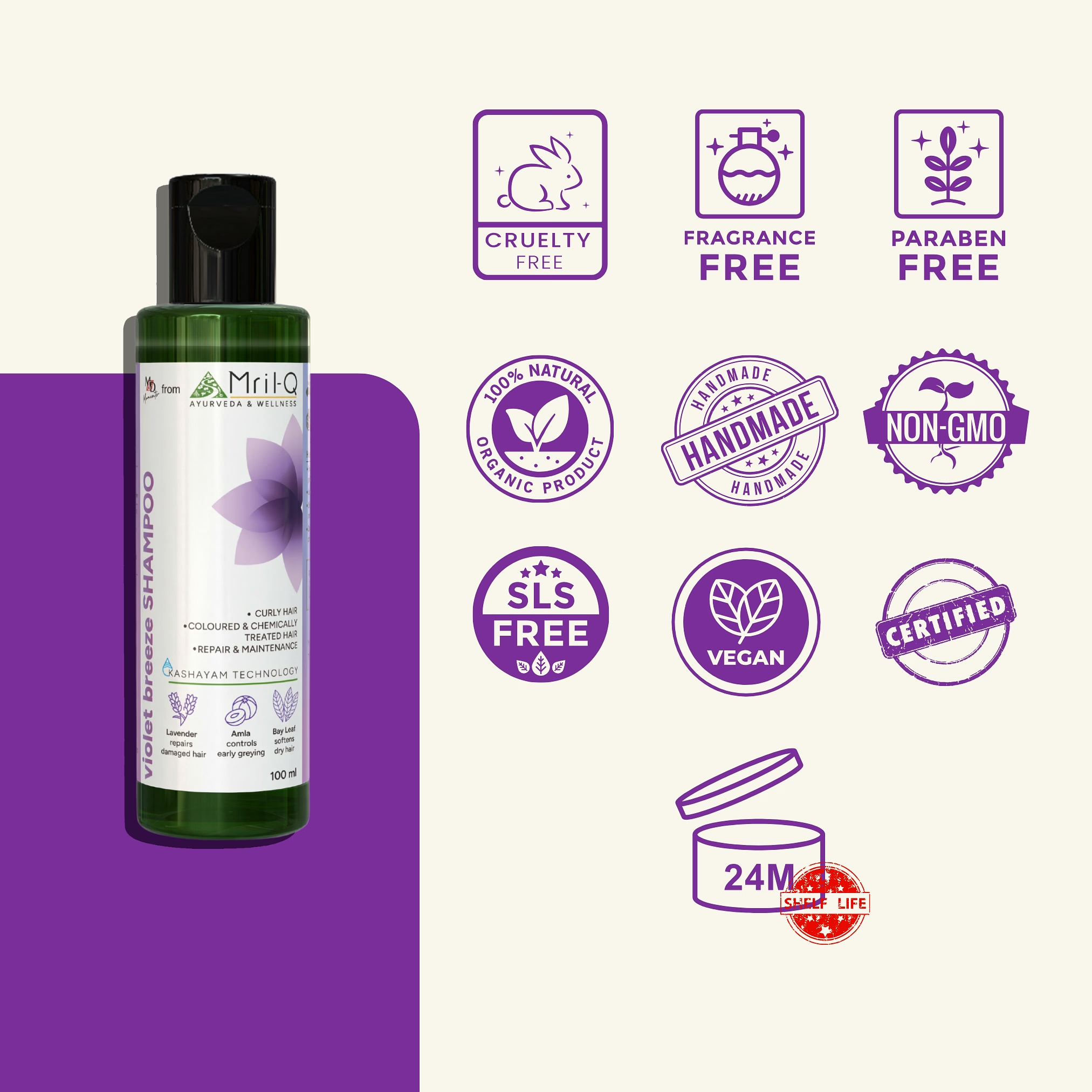 MrilQ Violet Breeze | Conditioning Shampoo | Dry, Curly, Chemically Treated Hair | Sulphate, Paraben & SLS Free
