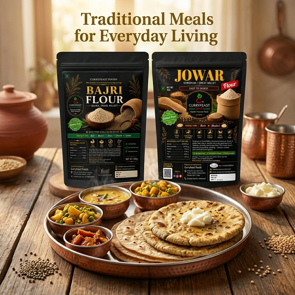 Curryfeast Daily Nutrition Gluten Free Roti-Bhakri Combo | Jowar Flour & Bajri Flour | Traditional Millet Flours for Soft Roti & Bhakri | 1kg Each
