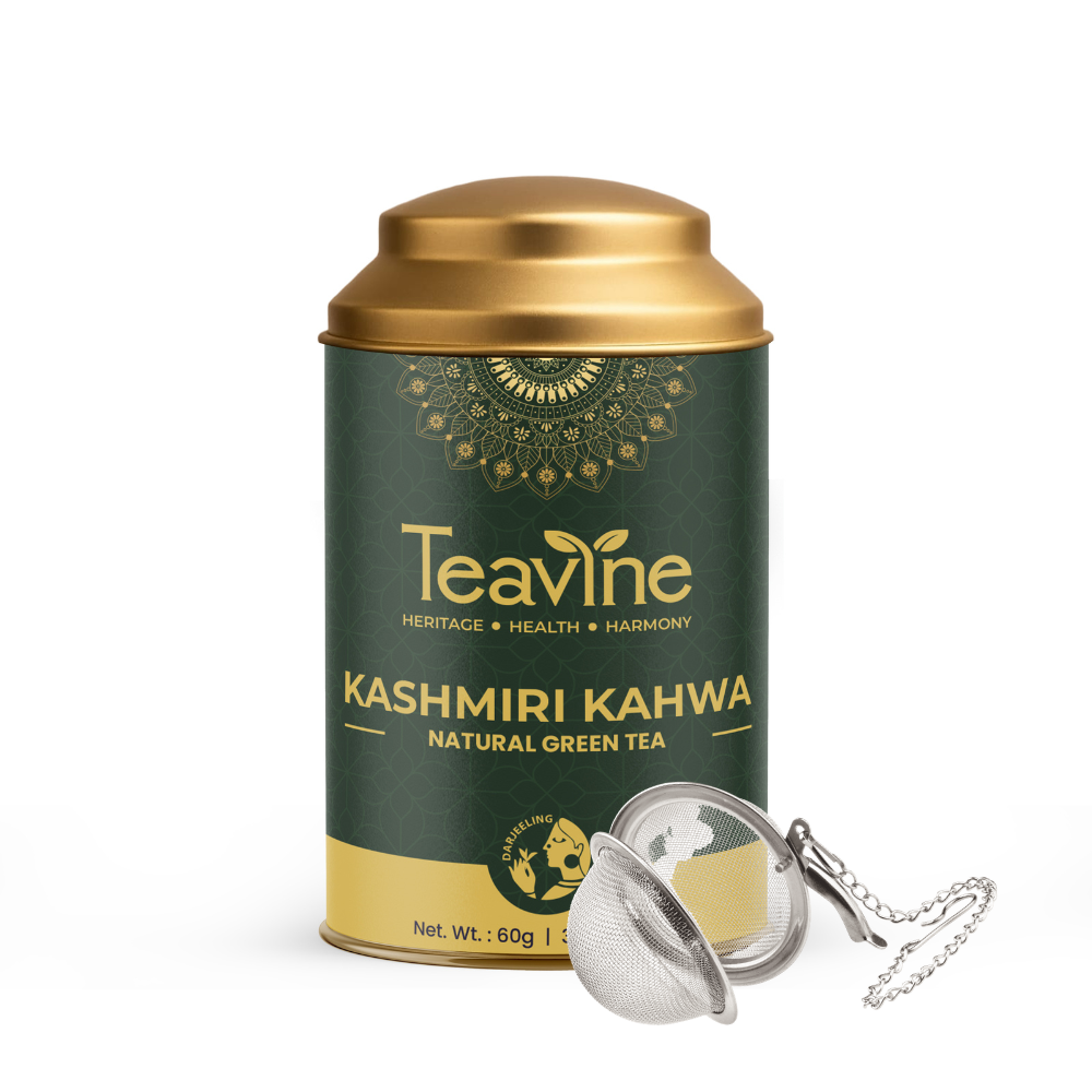 TEAVINE Kashmiri Kahwa Green Tea | Premium Darjeeling Green Tea with Saffron, Almonds & Authentic Kashmiri Spices | Loose Leaf tea | 60g