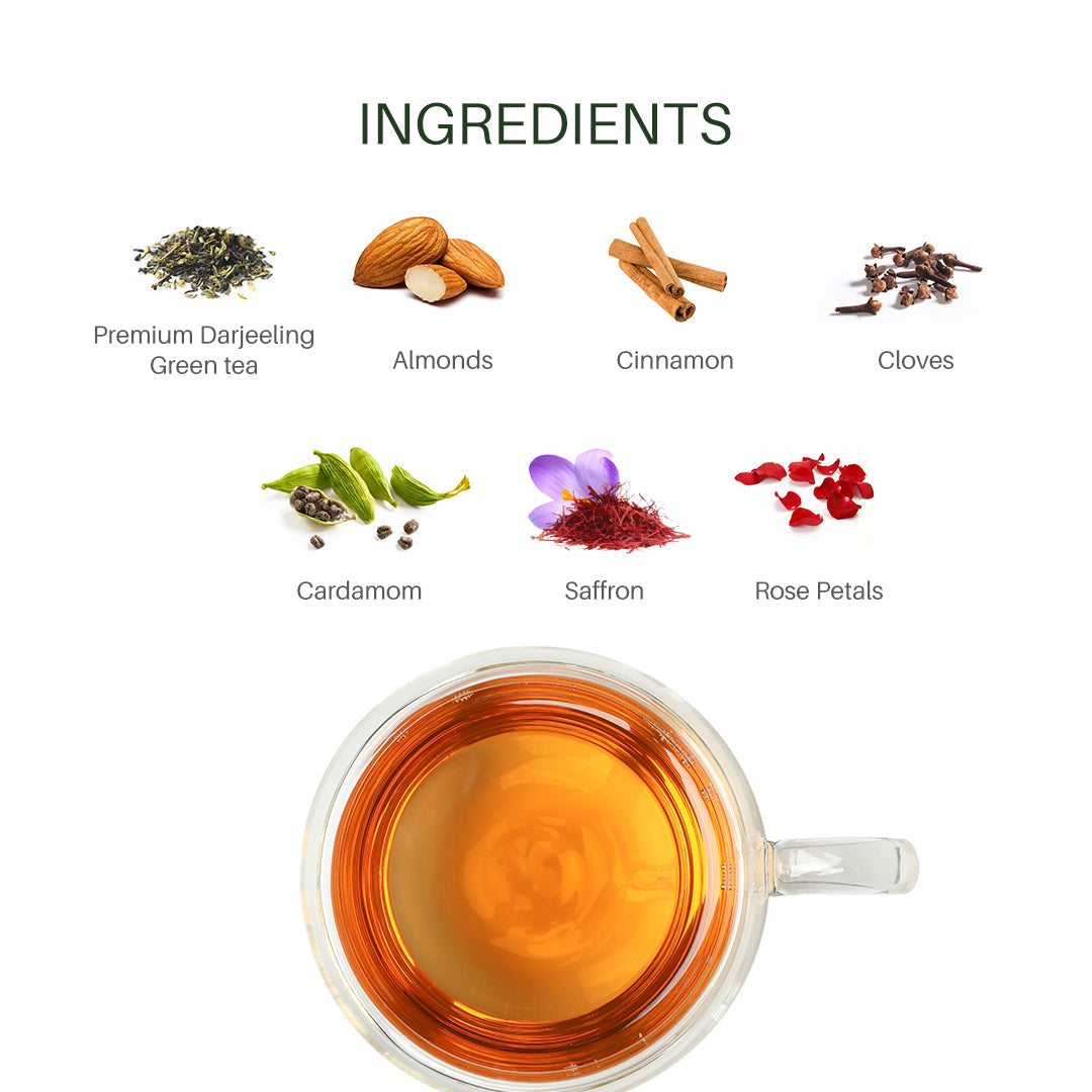 TEAVINE Kashmiri Kahwa Green Tea | Premium Darjeeling Green Tea with Saffron, Almonds & Authentic Kashmiri Spices | Loose Leaf tea | 60g