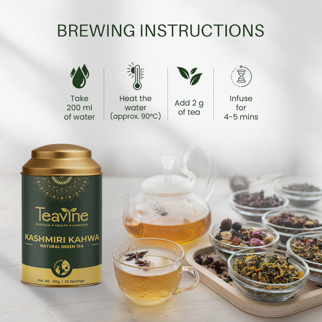 TEAVINE Kashmiri Kahwa Green Tea | Premium Darjeeling Green Tea with Saffron, Almonds & Authentic Kashmiri Spices | Loose Leaf tea | 60g