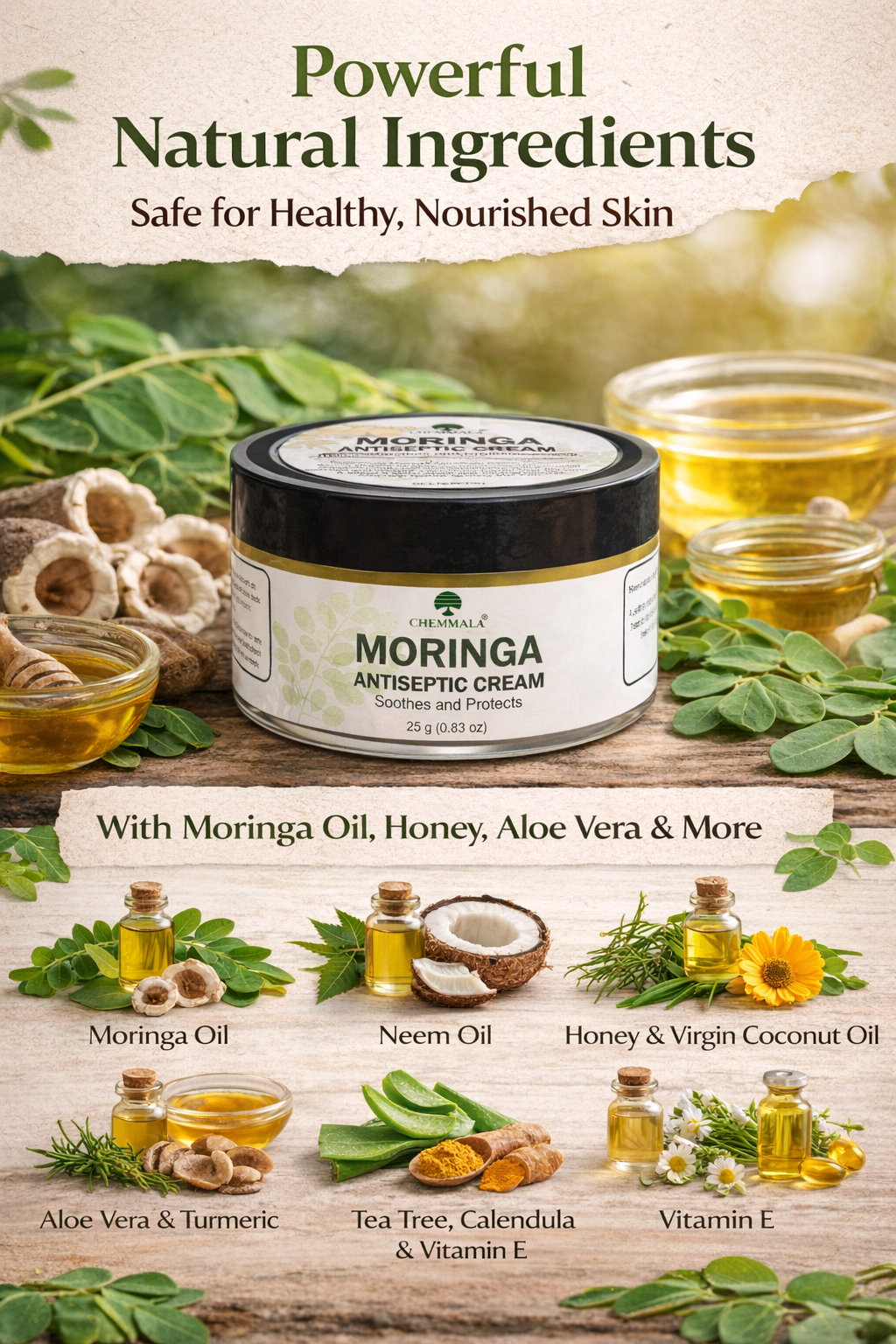 Chemmala Moringa Antiseptic Cream | Herbal Skin Protection | Soothes Irritation, Cuts & Dry Skin | Natural Formula | 25g