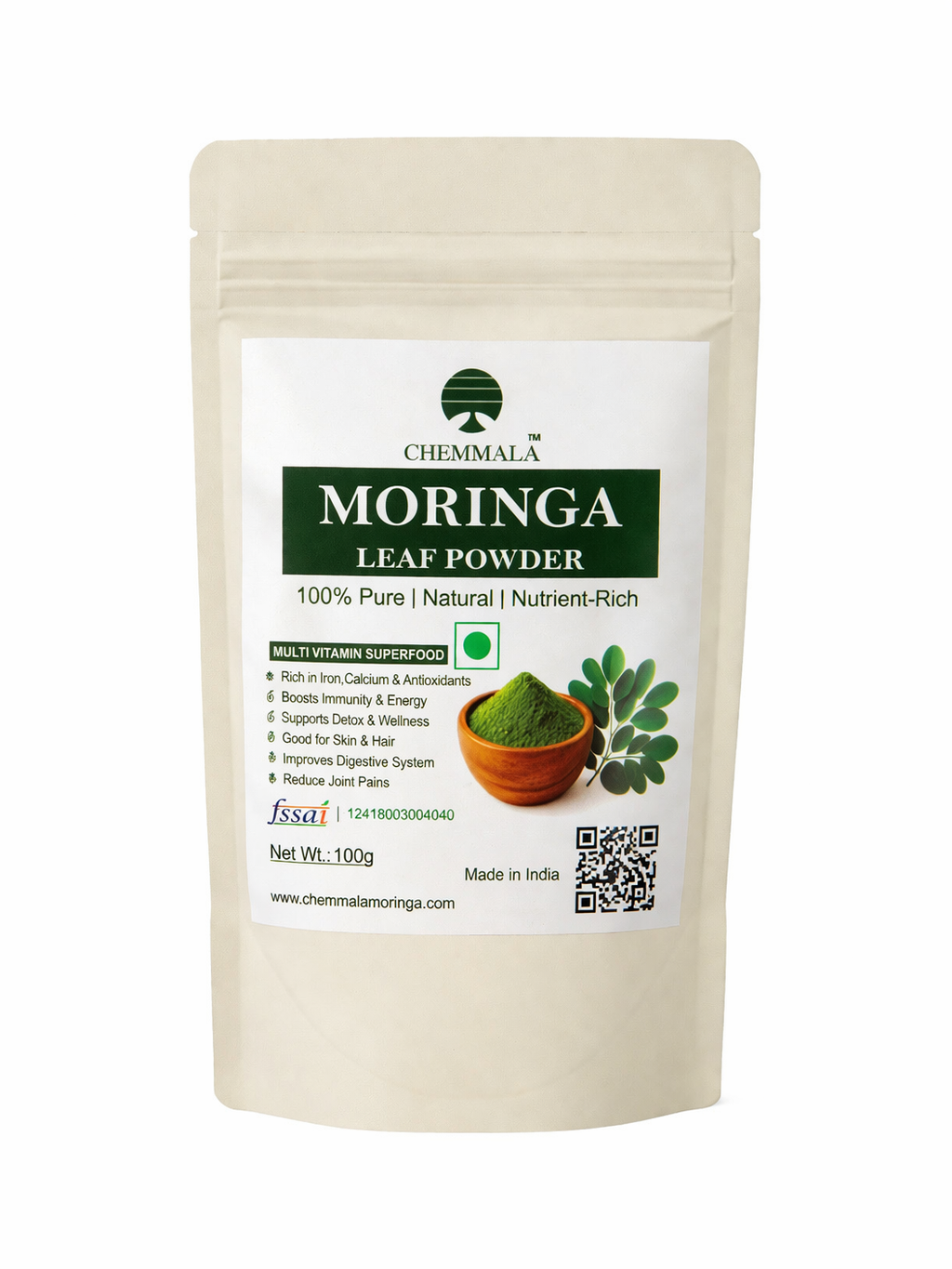 Chemmala Moringa Leaf Powder 100g | 100% Pure Natural Moringa Powder | Rich in Iron, Calcium & Antioxidants | Herbal Superfood for Daily Wellness