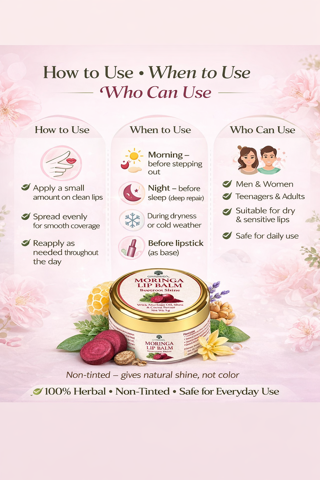 Infographic showing how to use, when to use and who can use non-tinted Moringa Lip Balm including daily application steps, usage timing and suitability for men and women
