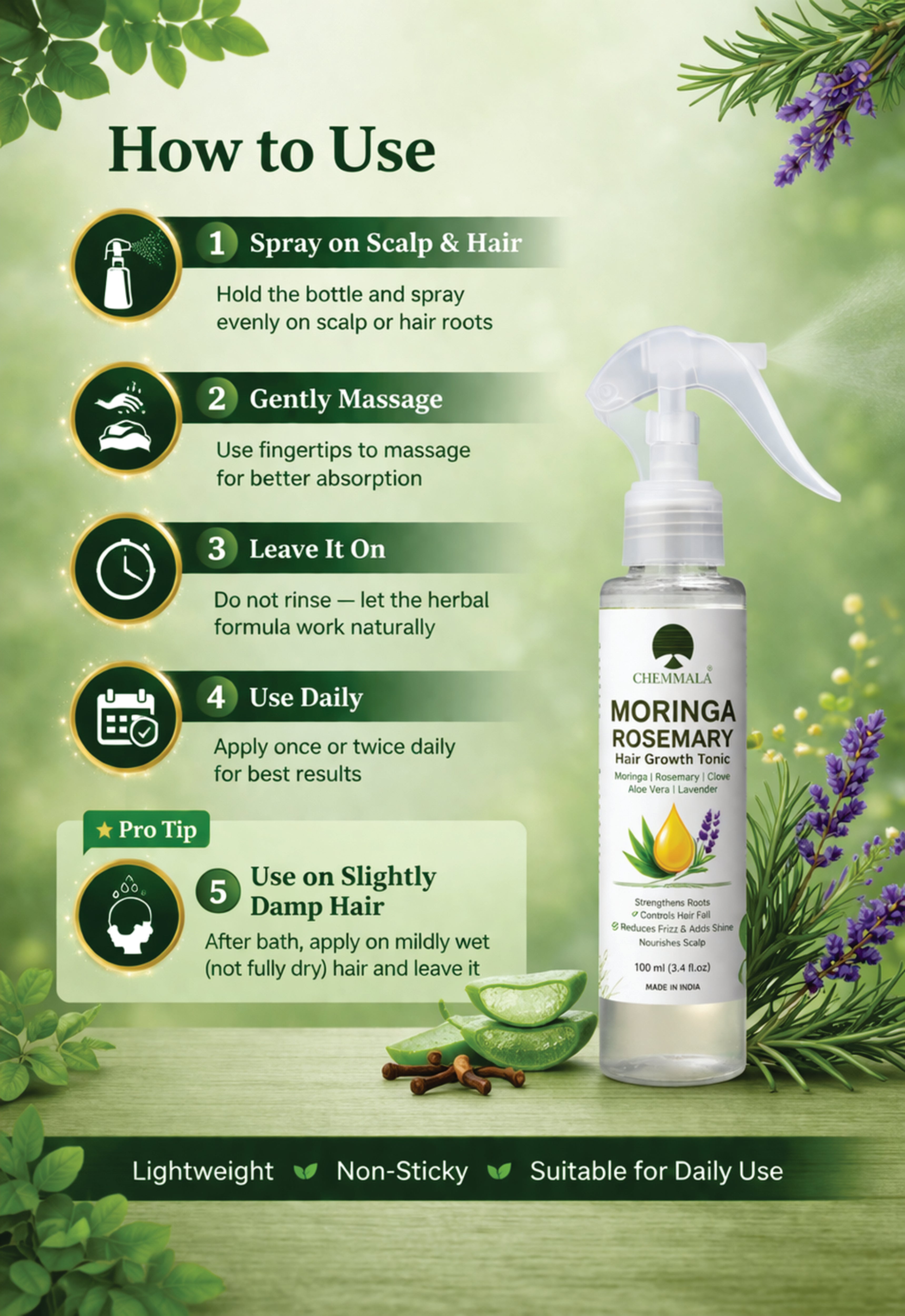 Chemmala Moringa Rosemary Hair Spray | Herbal Hair Growth Tonic | Controls Hair Fall & Frizz | Non-Sticky Daily Use | 100ml