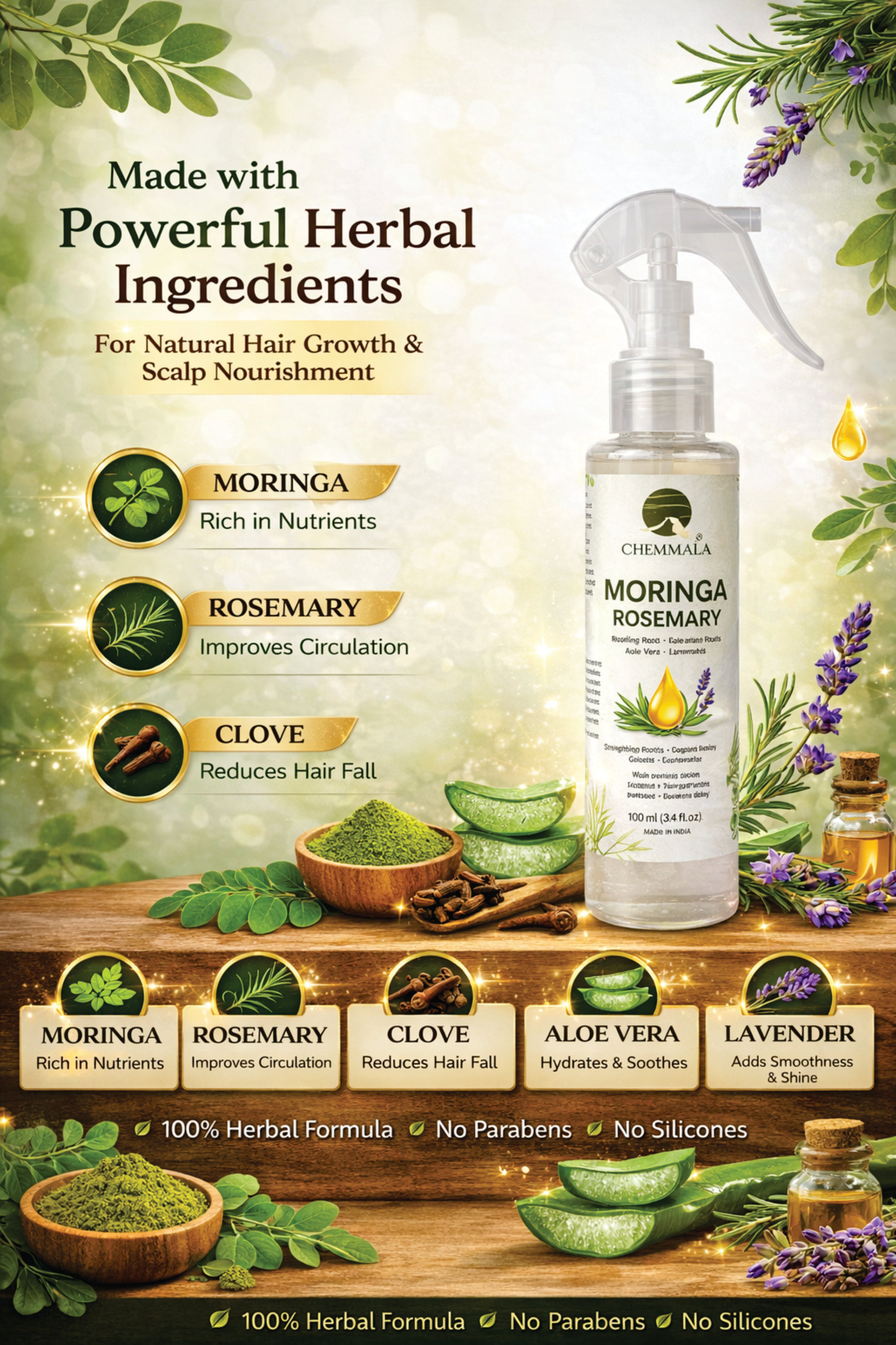 Chemmala Moringa Rosemary Hair Spray | Herbal Hair Growth Tonic | Controls Hair Fall & Frizz | Non-Sticky Daily Use | 100ml