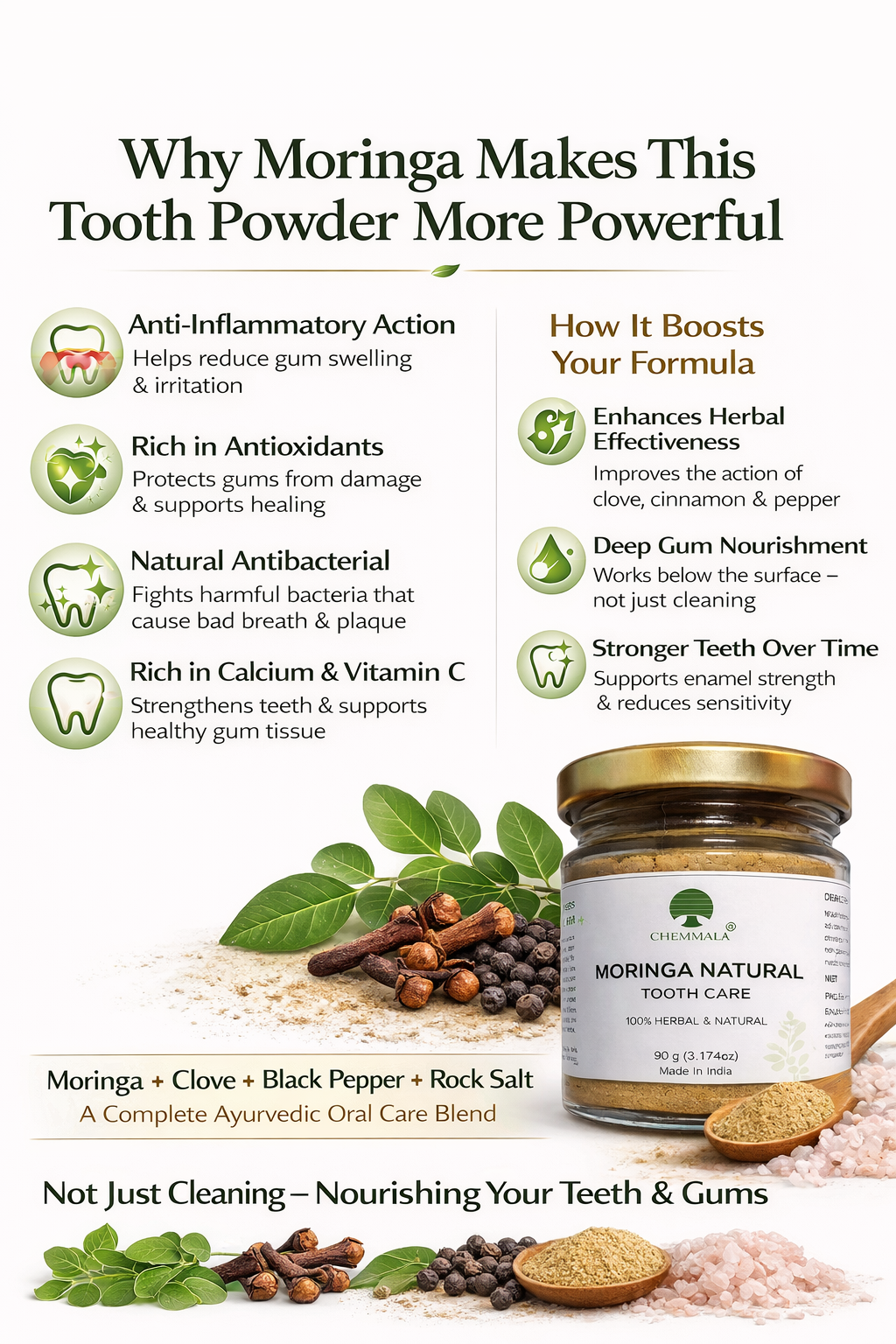 Chemmala Moringa Herbal Tooth Powder – Natural Oral Care for Strong Teeth, Healthy Gums & Fresh Breath (100% Herbal, Ayurvedic Formula)