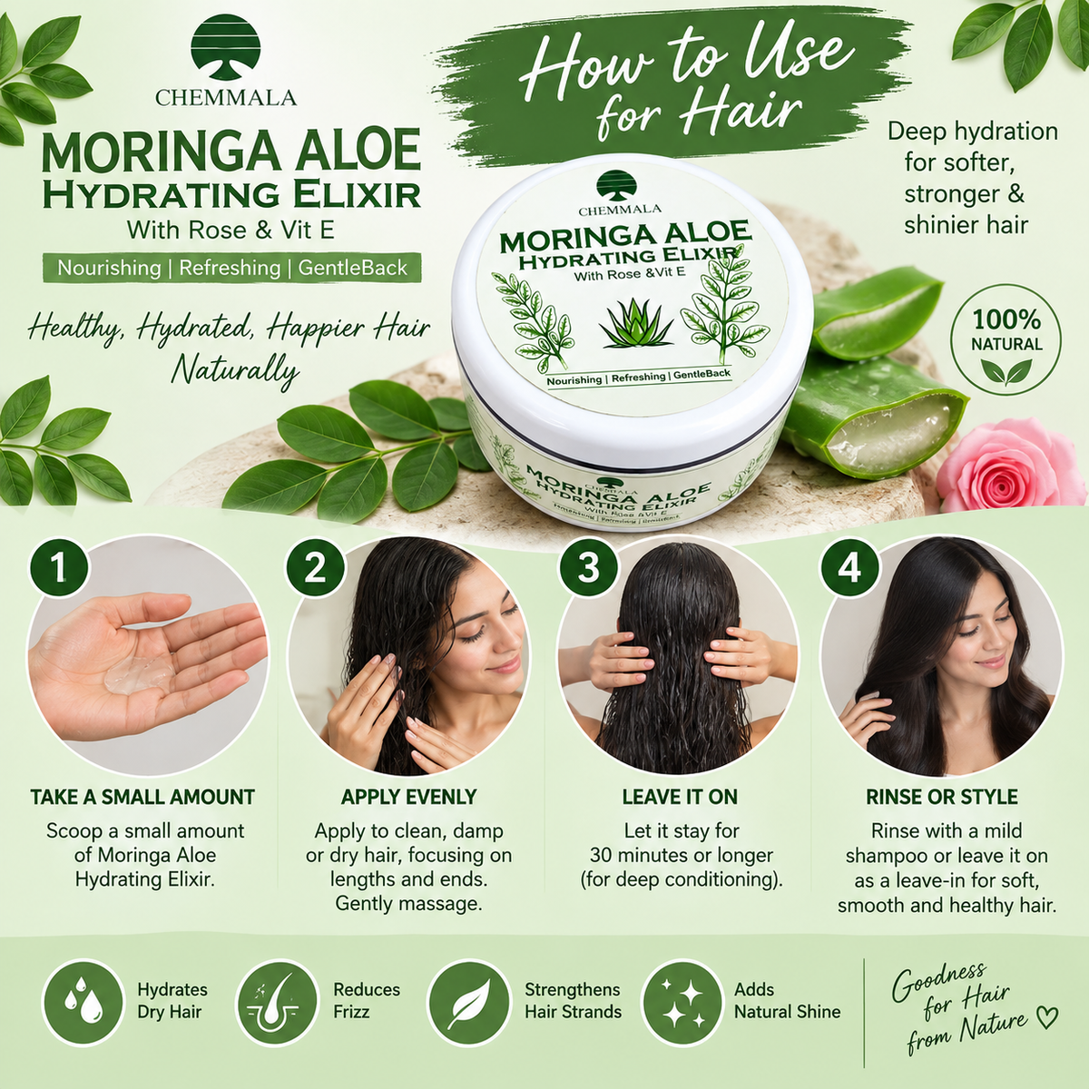 Chemmala Moringa Aloe Hydrating Elixir lifestyle image showcasing step by step image for how to use for hair hydration with aloe vera, moringa and botanical ingredients
