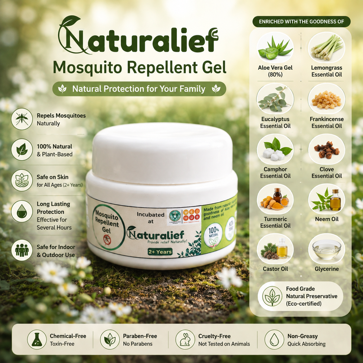 Natural Mosquito Repellent Gel – DEET-Free | Aloe Vera & Essential Oils | Herbal & Skin-Friendly